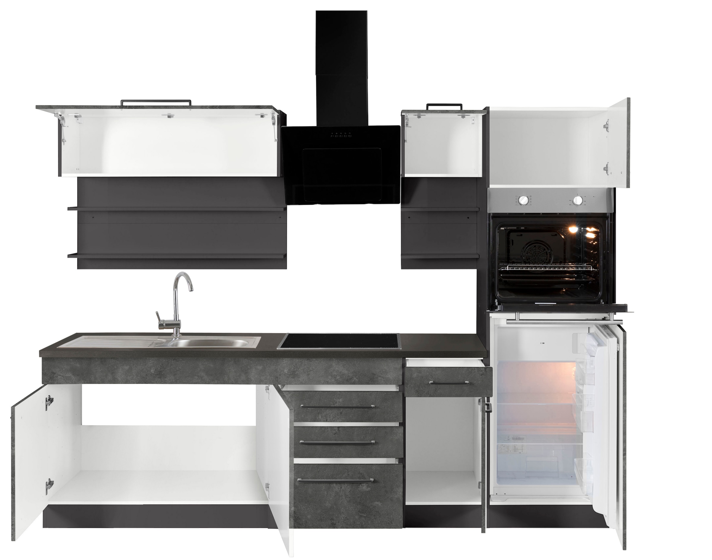KOCHSTATION Küchenzeile »KS-Tulsa« mit E-Geräten, Breite 330 cm, schwarze Metallgriffe, MDF Fronten
