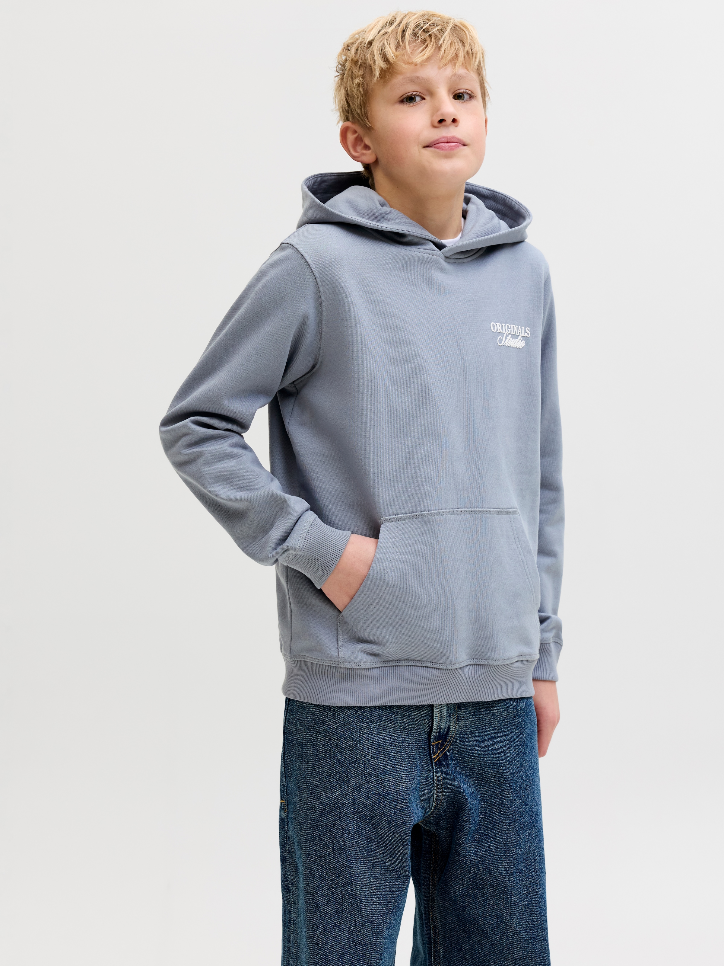 Jack & Jones Junior Kapuzensweatshirt »JORNORREBRO TYPO BACK SWEAT HOOD SN JNR«, Baumwollmischung, relaxed fit, Langarm
