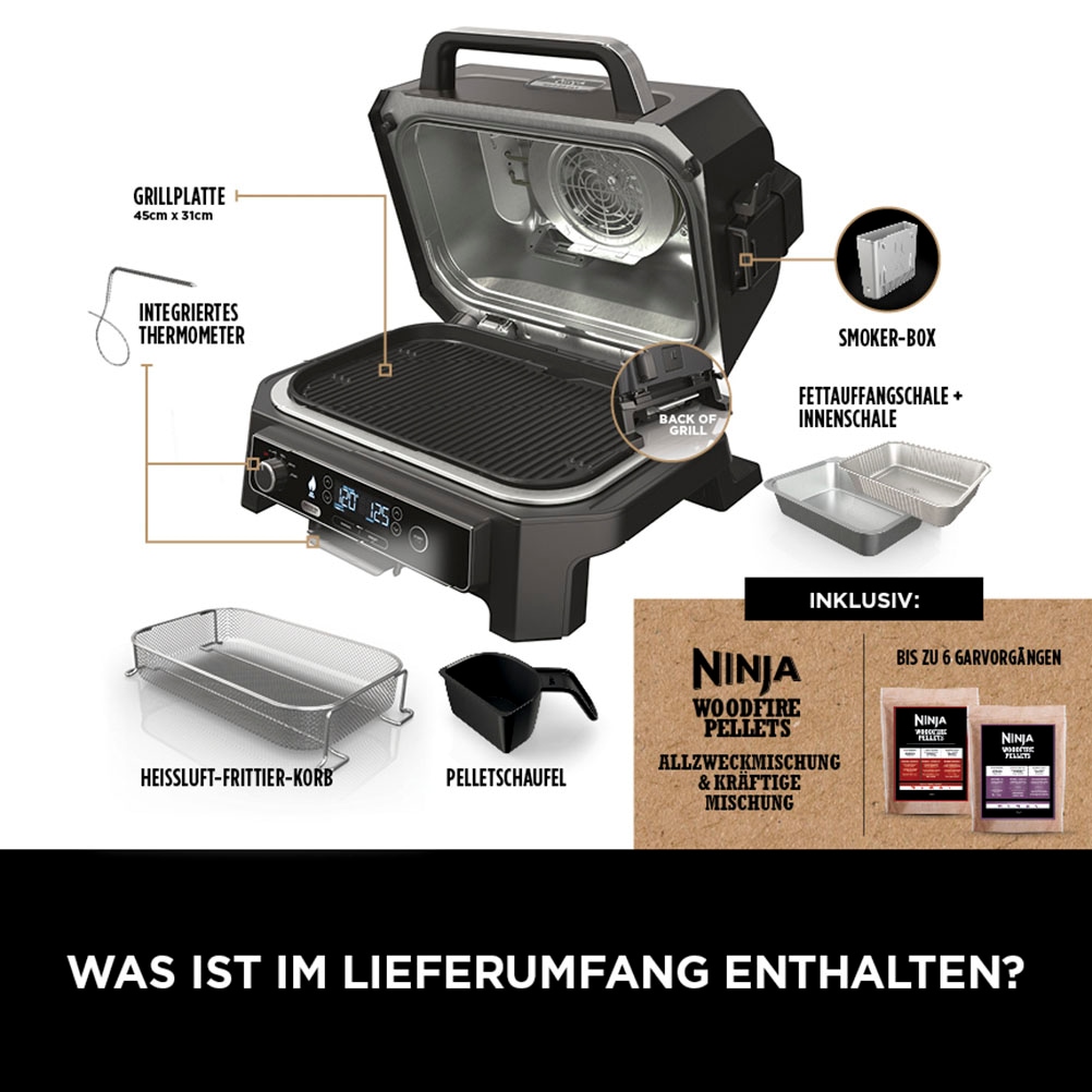 NINJA Elektrogrill »Woodfire OG850EU«, 1700 W, Outdoor Grill, Smoker und Heißluft-Fritteuse