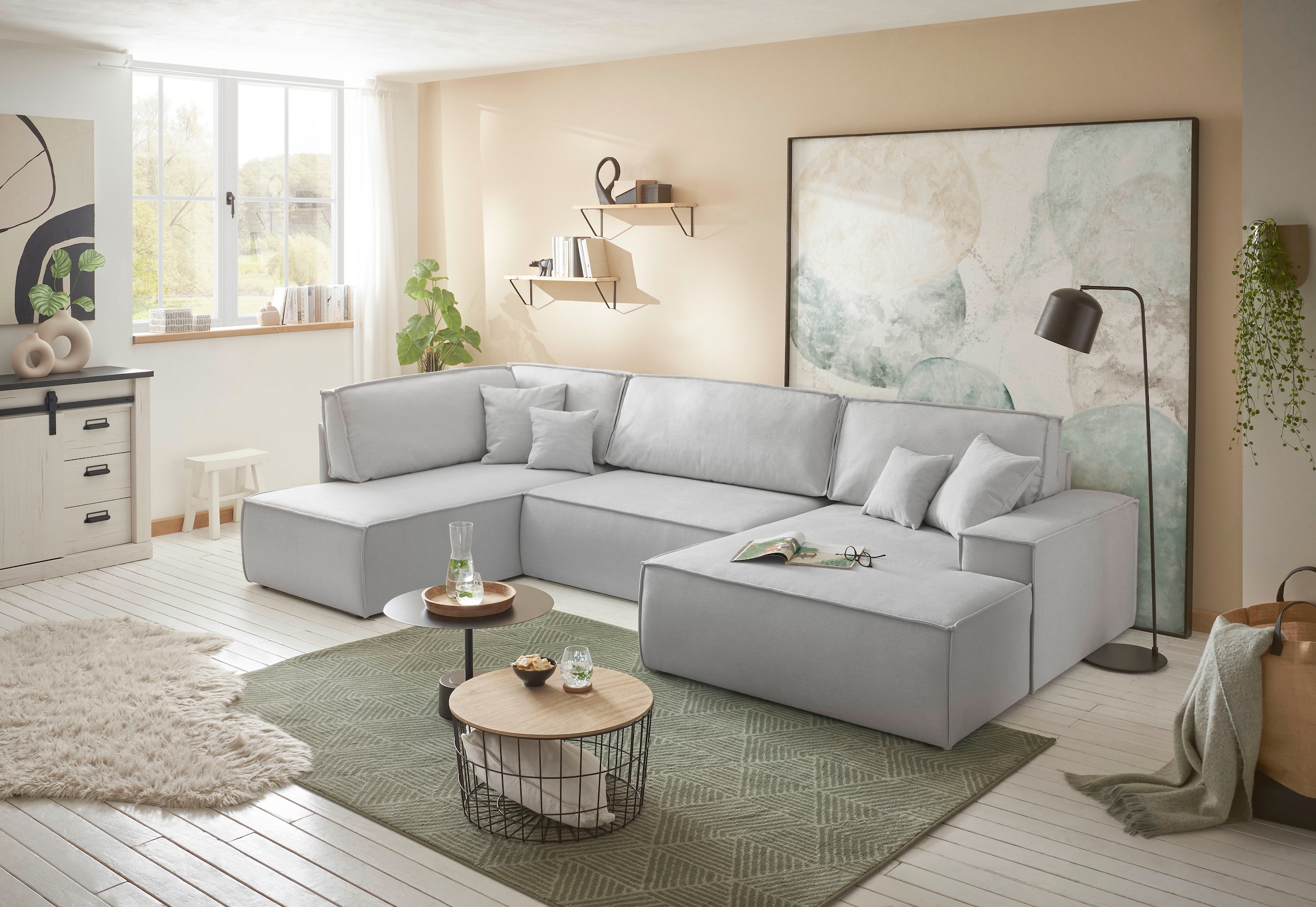 andas Wohnlandschaft »FINNLEY, U-Form XXL 329 cm, Schlafsofa, Schlaffunktion m. Bettkasten« verfügbar in den Stoffqualitäten Bouclé, Struktur fein und Mega Cord