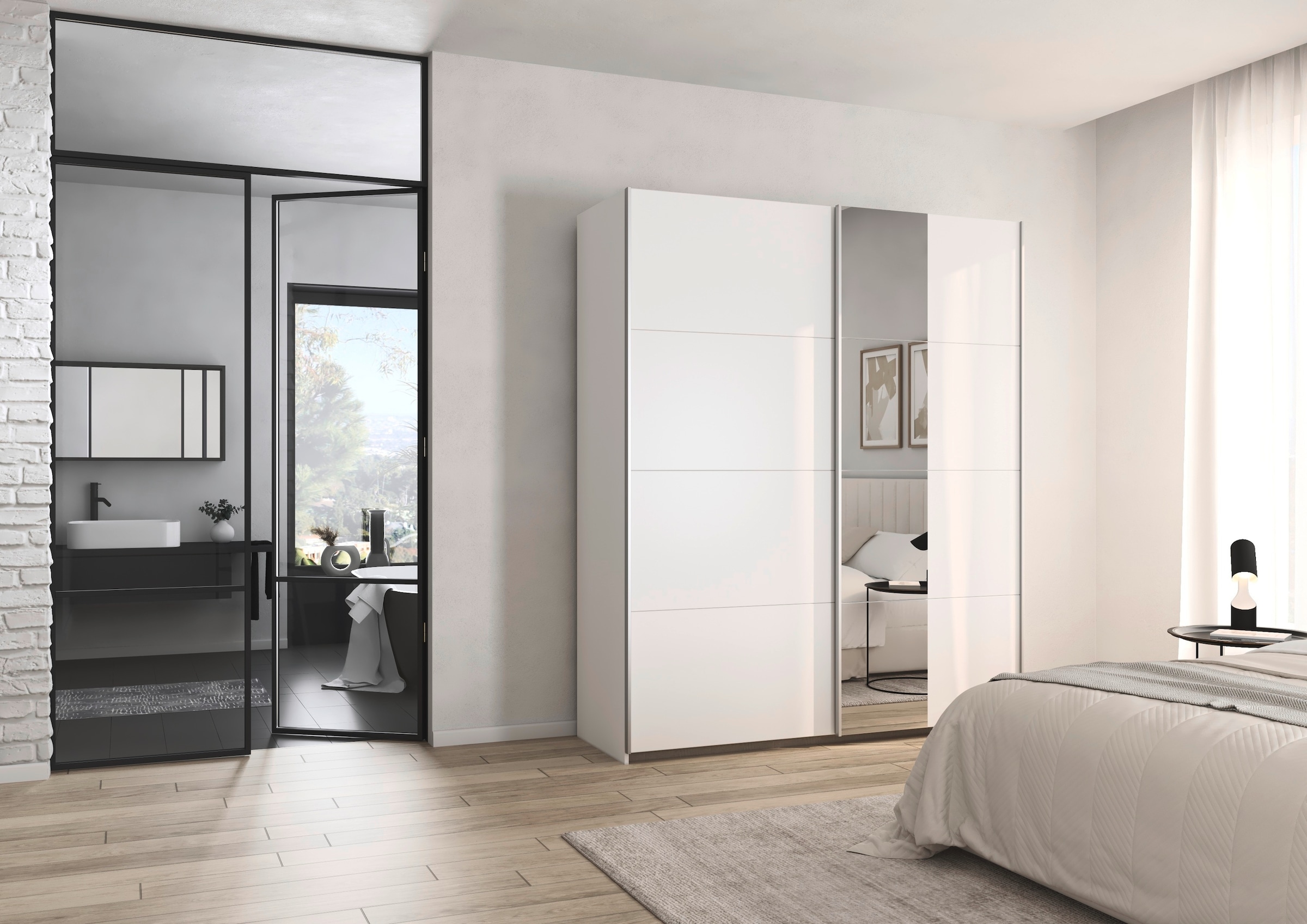 rauch Schwebetürenschrank »Kleiderschrank Schrank Garderobe Schlafzimmerschrank OXFORD«, (in 3 verschiedenen Ausstattungen BASIC/CLASSIC/PREMIUM), mit Griffleisten aus Metall, auch für kleinere Räume MADE IN GERMANY