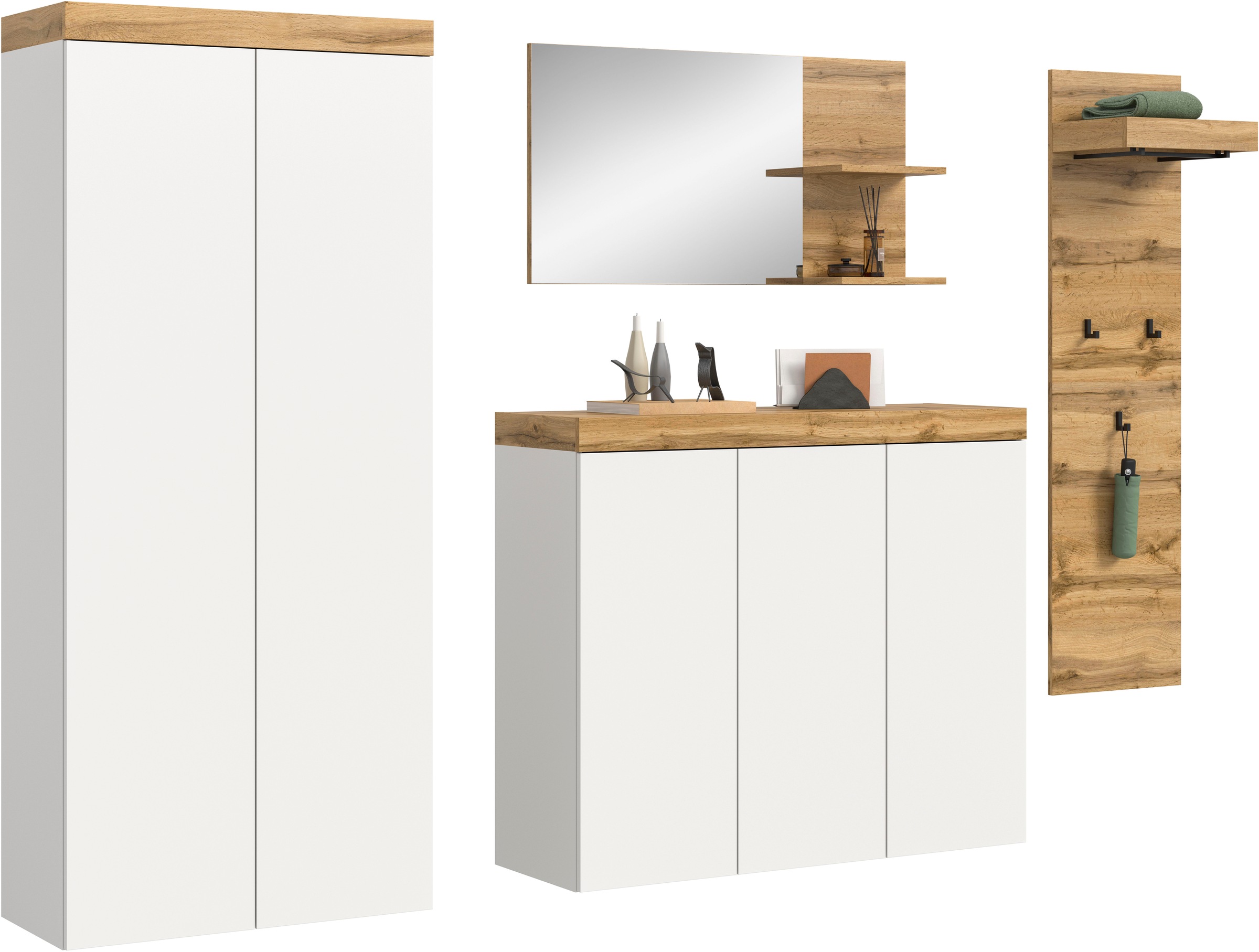 OTTO home Garderoben-Set »MAMBO, TOPSELLER!, 4-teilige Kombination, stehend & hängend montierbar« bestehend aus: Garderobenschrank, Kommode, Spiegel, Garderobenpaneel, 4 Stk. tlg.