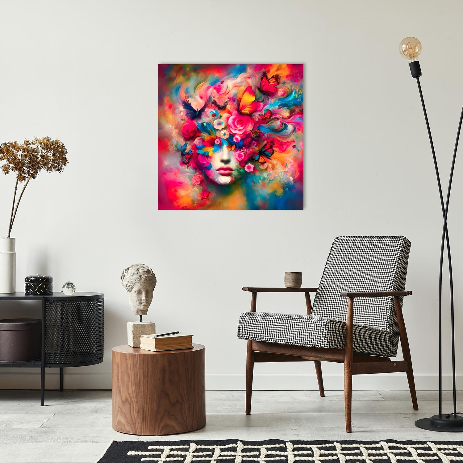 queence Acrylglasbild »Eingehüllt in Blumen und Schmetterlinge - Katharina Kolenda«, Vögel-Fantasy-Frau-Tiere-Blumen-Blumenbilder-Vogelbilder, (1 St.), Kunst, knallige Farben, bunt