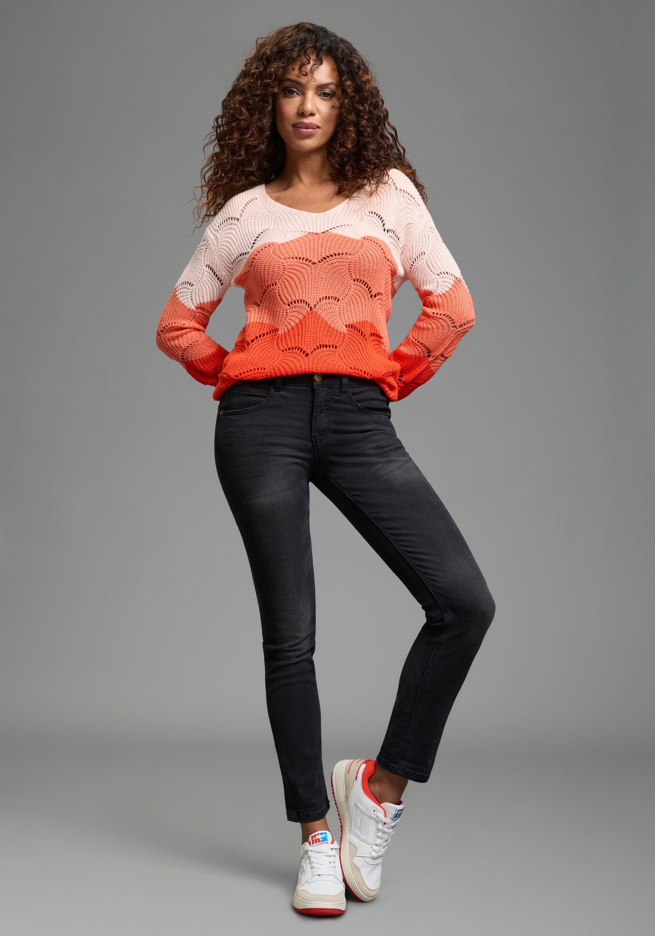 Laura Scott Ajourpullover leichter Sommerpullover mit Lochmuster und femininen V-Ausschnitt