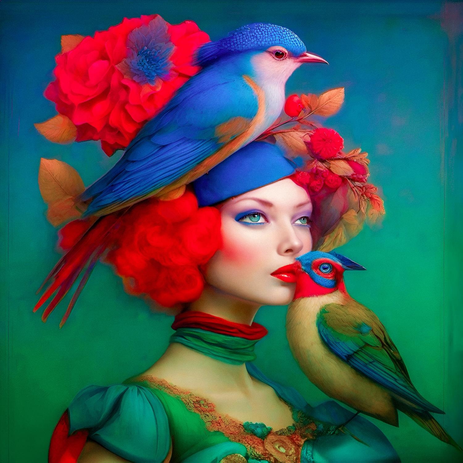 queence Acrylglasbild »Surreales Portrait einer Frau - Katharina Kolenda«, Vögel-Fantasy-Frau-Tiere-Blumen-Blumenbilder-Vogelbilder, (1 St.), Kunst, knallige Farben, bunt