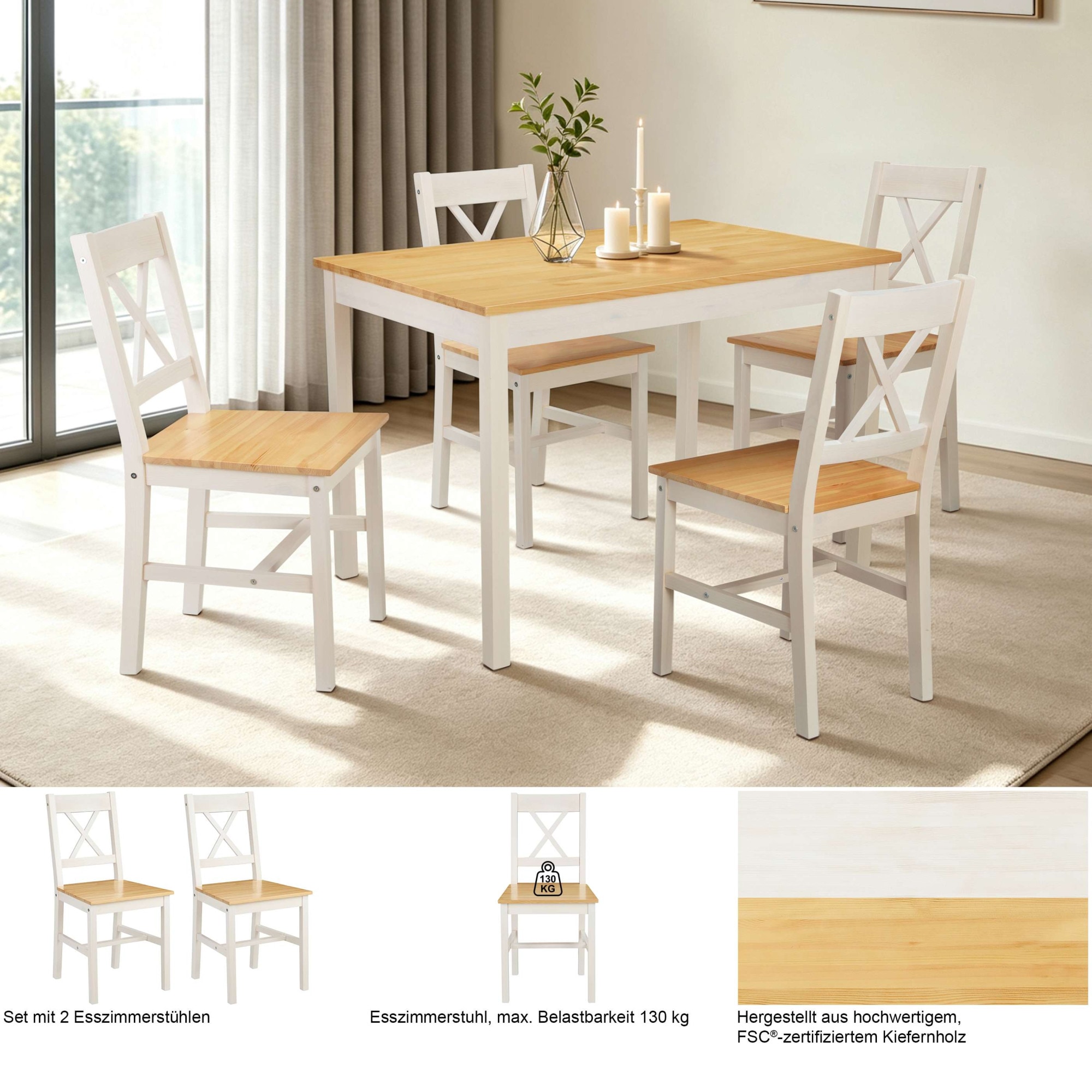 OTTO home Esszimmerstuhl »Willow« (Set) 2 Stk.aus massivem Kiefernholz, lackiert, pflegeleicht, bis 130 kg belastbar