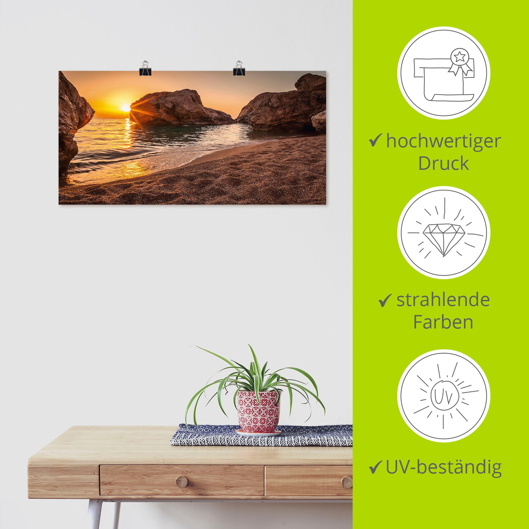 Artland Wandbild »Sonnenuntergang und Strand«, Strand, (1 St.), als Alubild, Outdoorbild, Leinwandbild, Poster, Wandaufkleber
