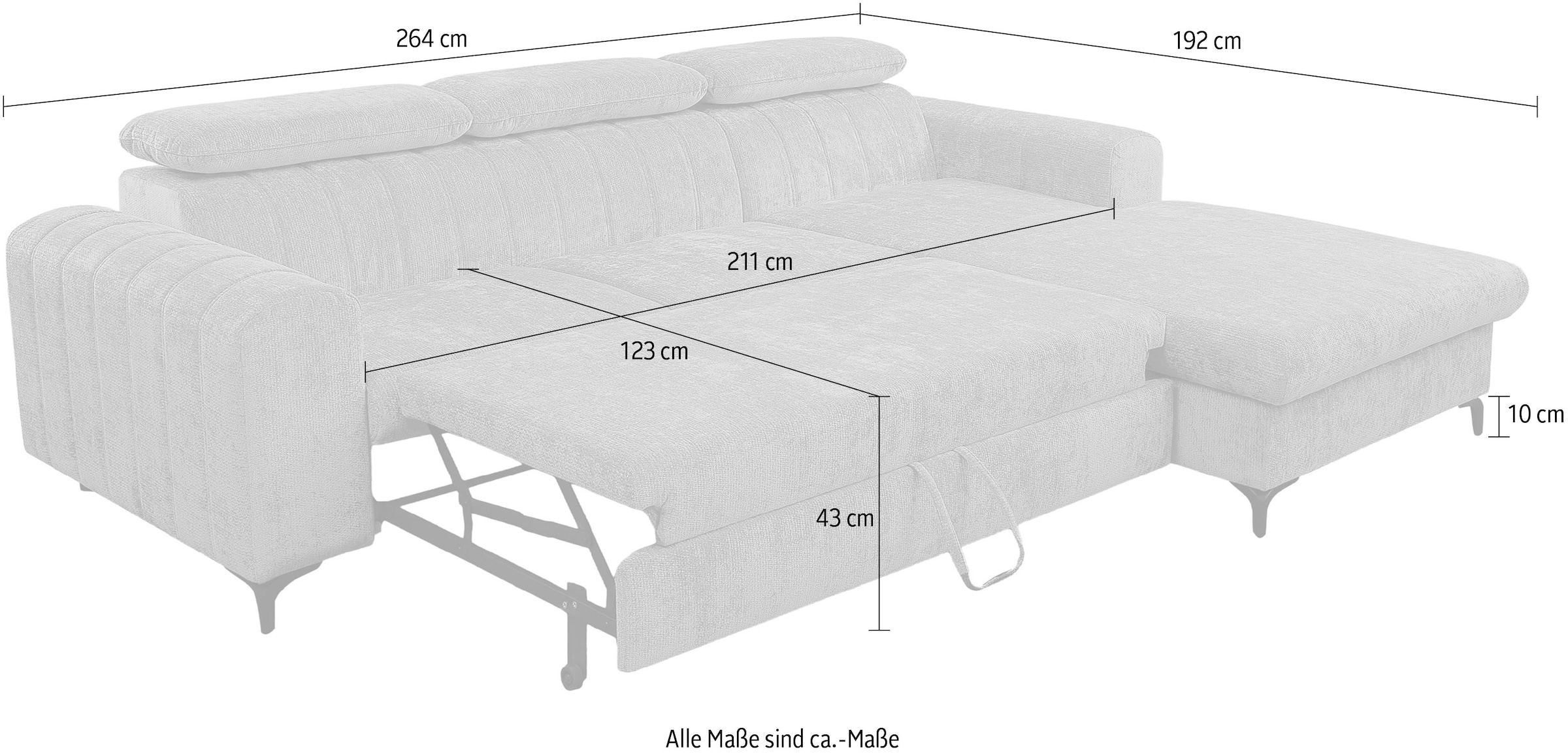 WERK2 Ecksofa »Foster L-Form mit Schlaffunktion und Bettkasten, 264 cm breit« 3 verstellbare Kopfstützen & Pfeifensteppung im Retro-Look