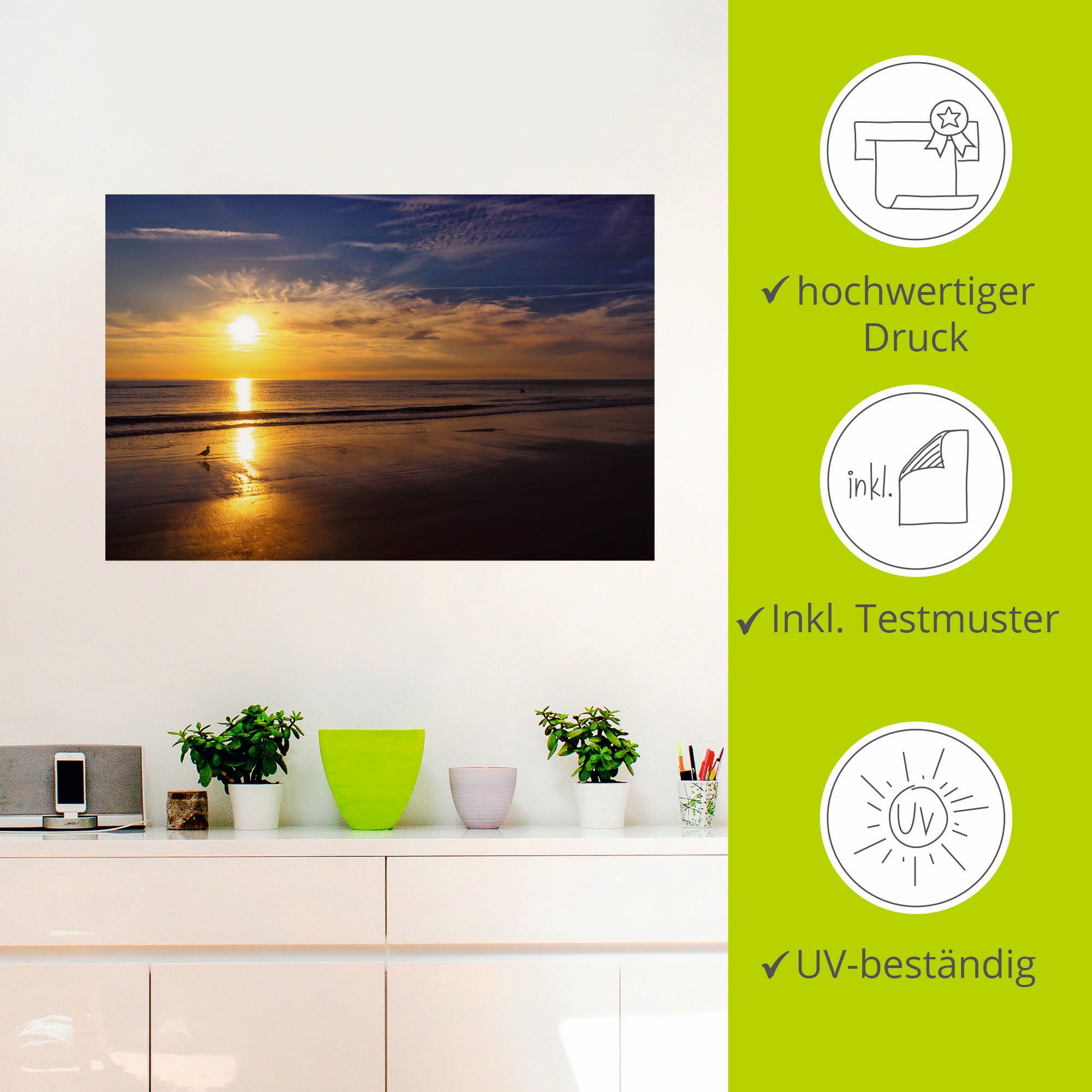 Artland Wandbild »Sonnenuntergang SPO«, Strand, (1 St.), als Alubild, Outdoorbild, Leinwandbild, Wandaufkleber, versch. Größen