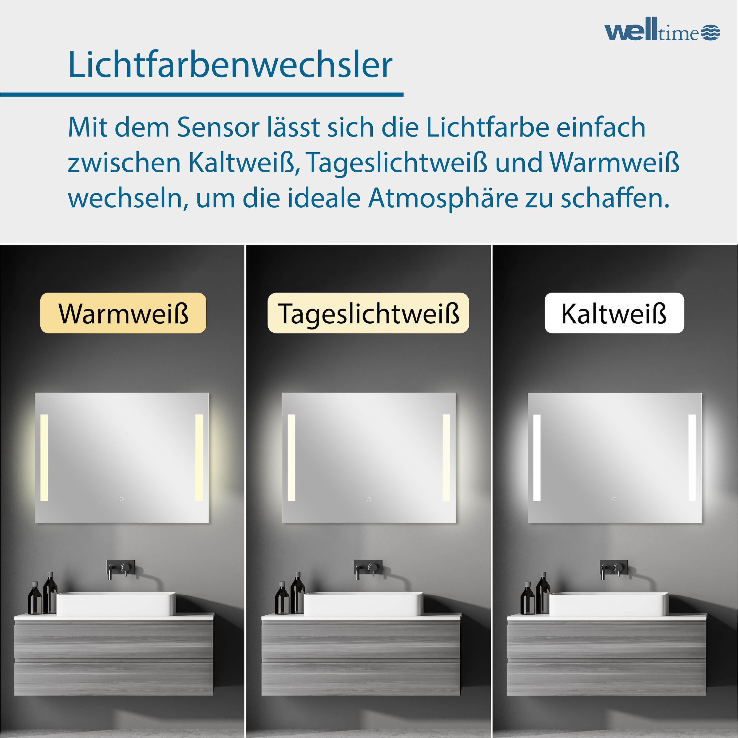 welltime LED-Lichtspiegel »Plaza« mit Lichtfarbenwechsler und Dimmschalter, in verschiedenen Größen