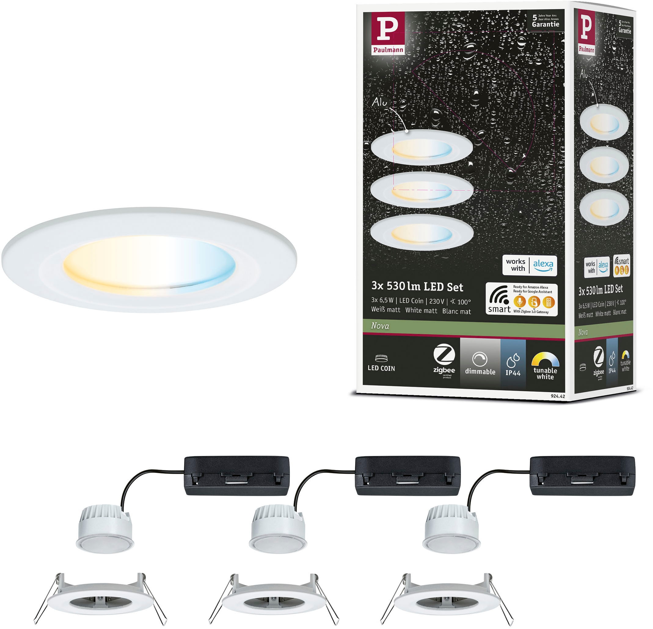 Paulmann LED Einbauleuchte »LED Einbauleuchte Nova Coin IP44 rund 78mm« LED-Modul 3 Stk. Tageslichtweiß Memoryfunktion, Farbwechsler, Farbsteuerung, Dimmer, Smart Home