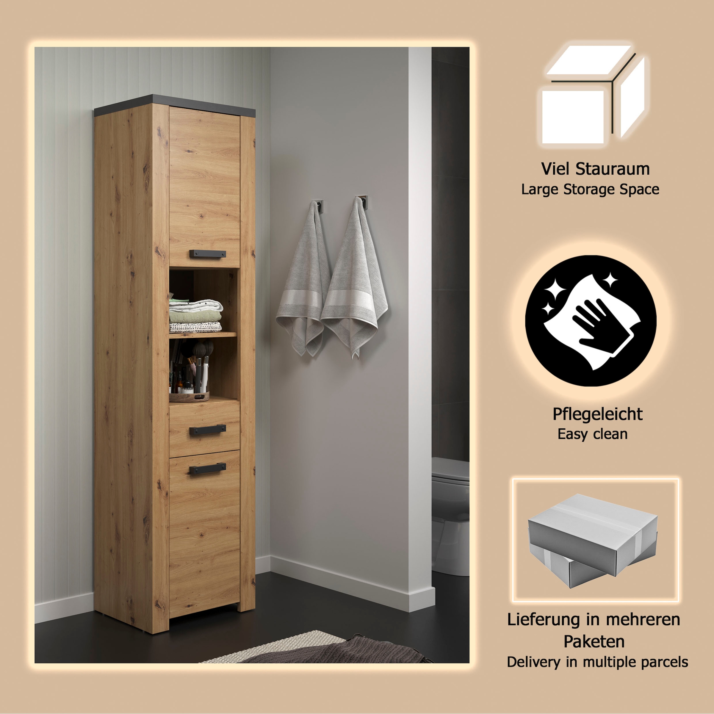 welltime Hochschrank »Ambres« 1 Stk. tlg. Hochschrank mit Soft-Close Funktion - (B/T/H) 53/35/196 cm