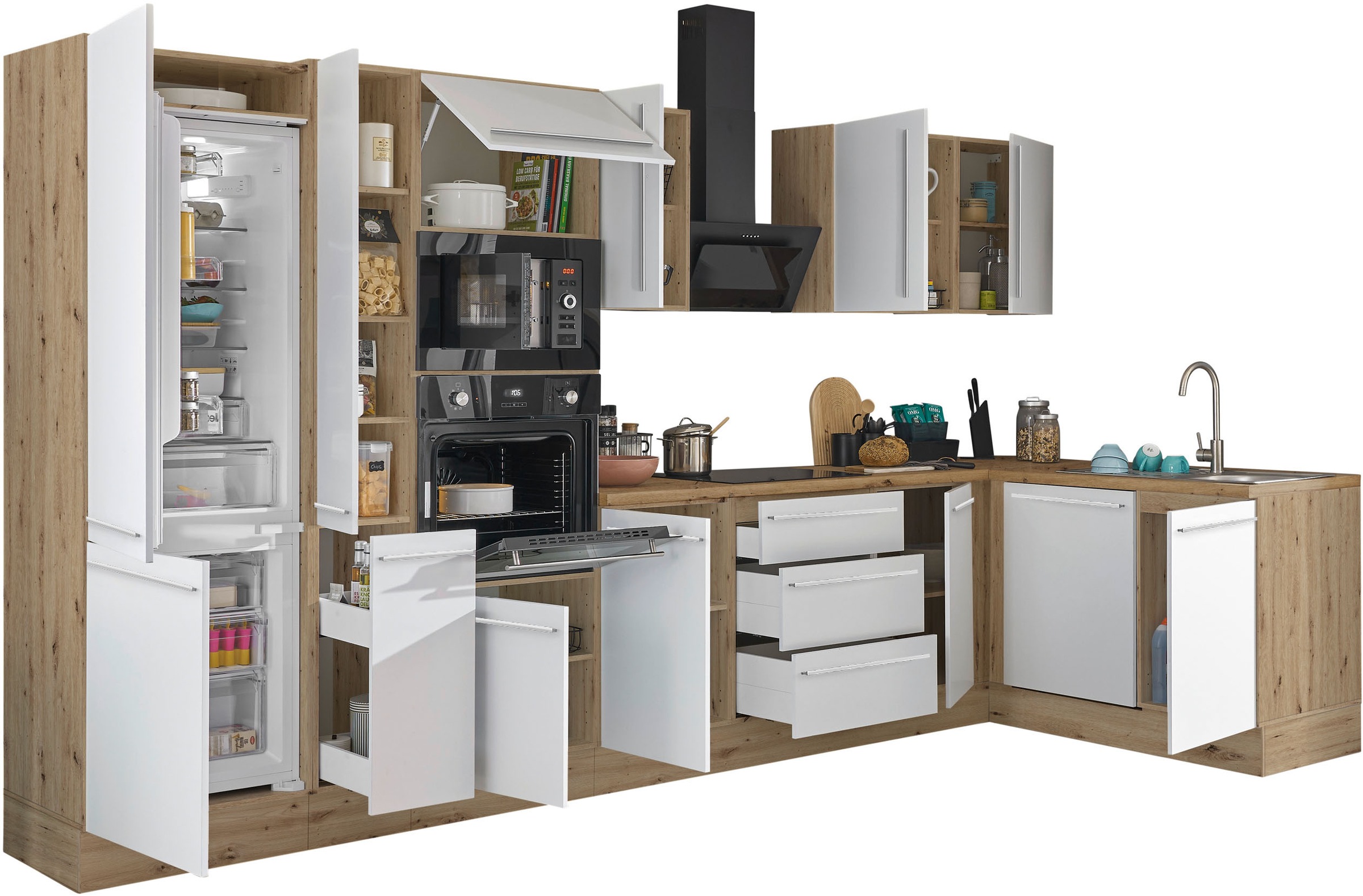 KOCHSTATION Winkelküche »Florida, Stellbreite 370x175 cm« wahlweise mit E-Geräten, mit Softclose für Türen und Schubkästen