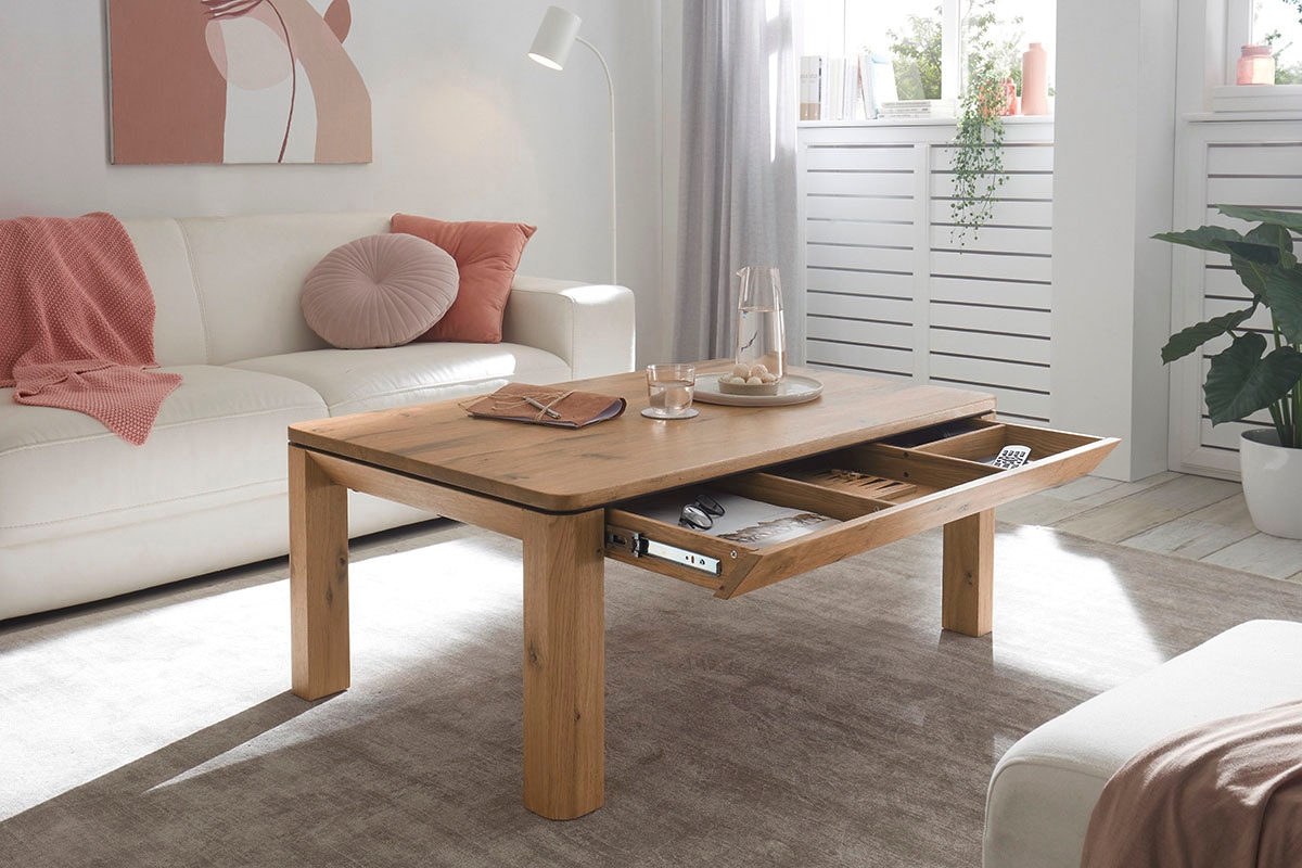 MCA furniture Couchtisch »ZWOLLE mit Stollen 80x80«, Eiche furniert, rechteckig,Schubkasten mit Einteilung, belastbar 30 kg