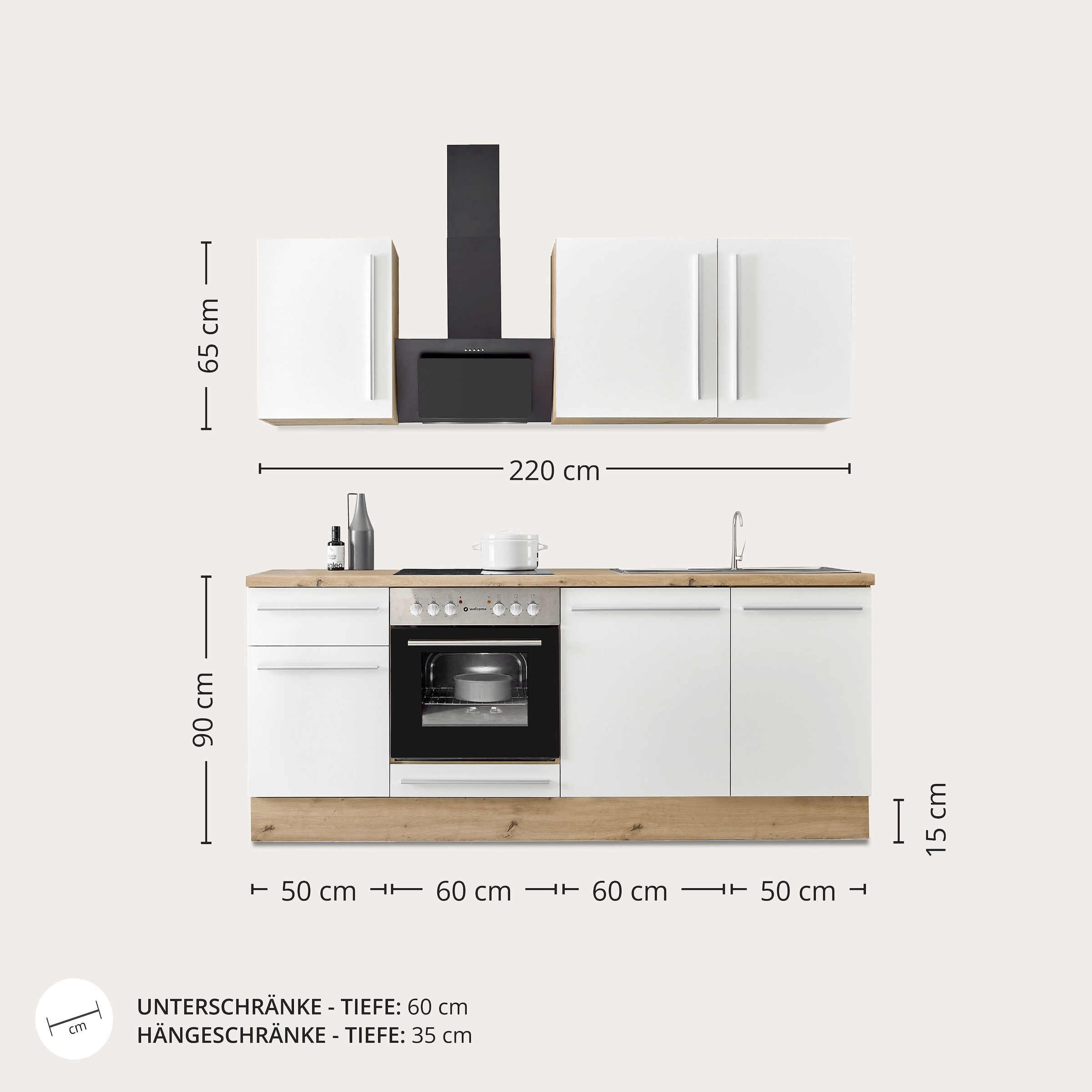 KOCHSTATION Küchenzeile »Florida mit 38mm starker Arbeitsplatte«, Breite 220 cm, wahlweise mit E-Geräten, Soft-Close-Funktion