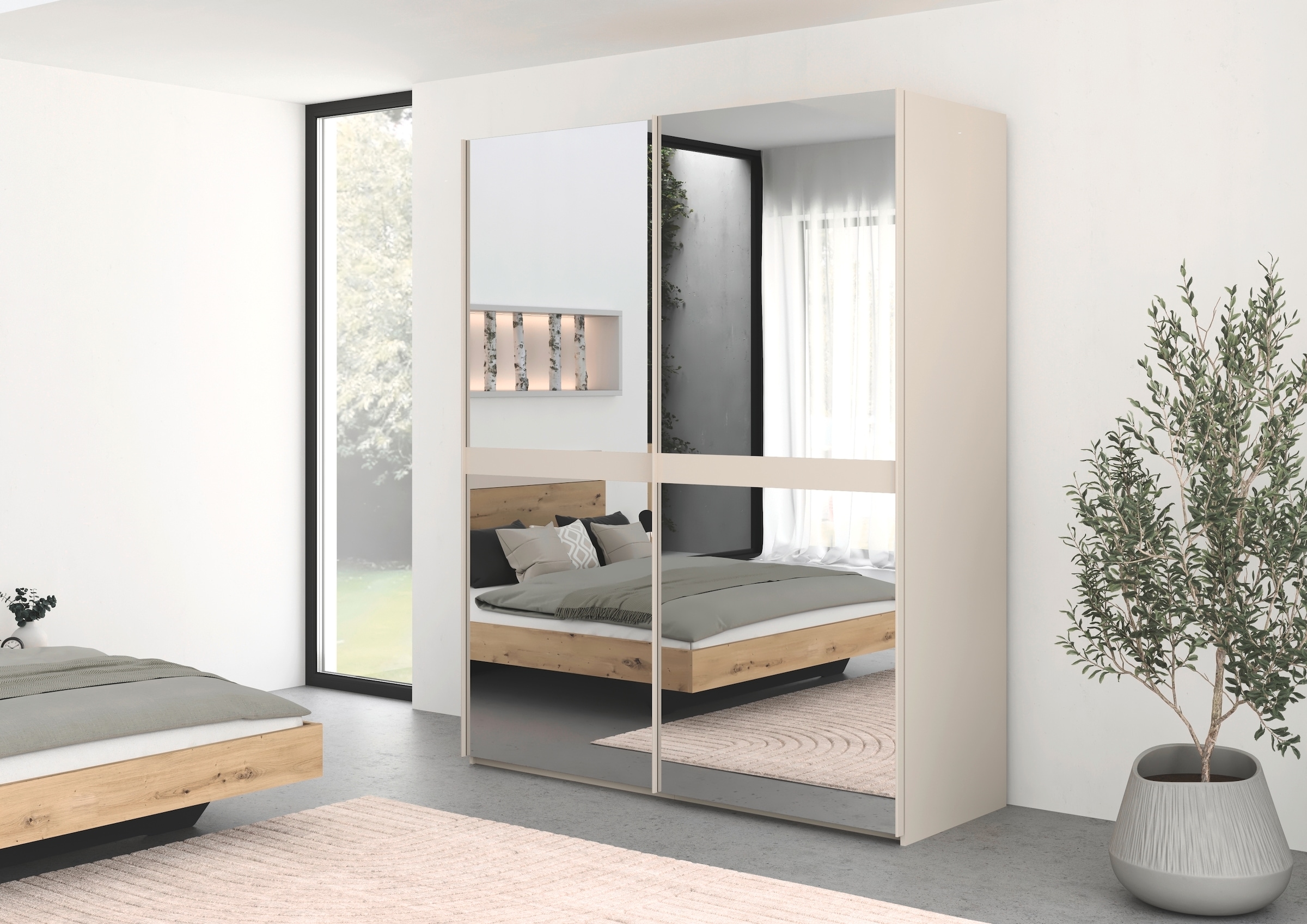 rauch Schwebetürenschrank »Kleiderschrank Schrank Garderobe Schlafzimmerschrank SCALE-LINE«, edle Optik mit Bauchbinde in Korpusfarbe Spiegelfront MADE IN GERMANY