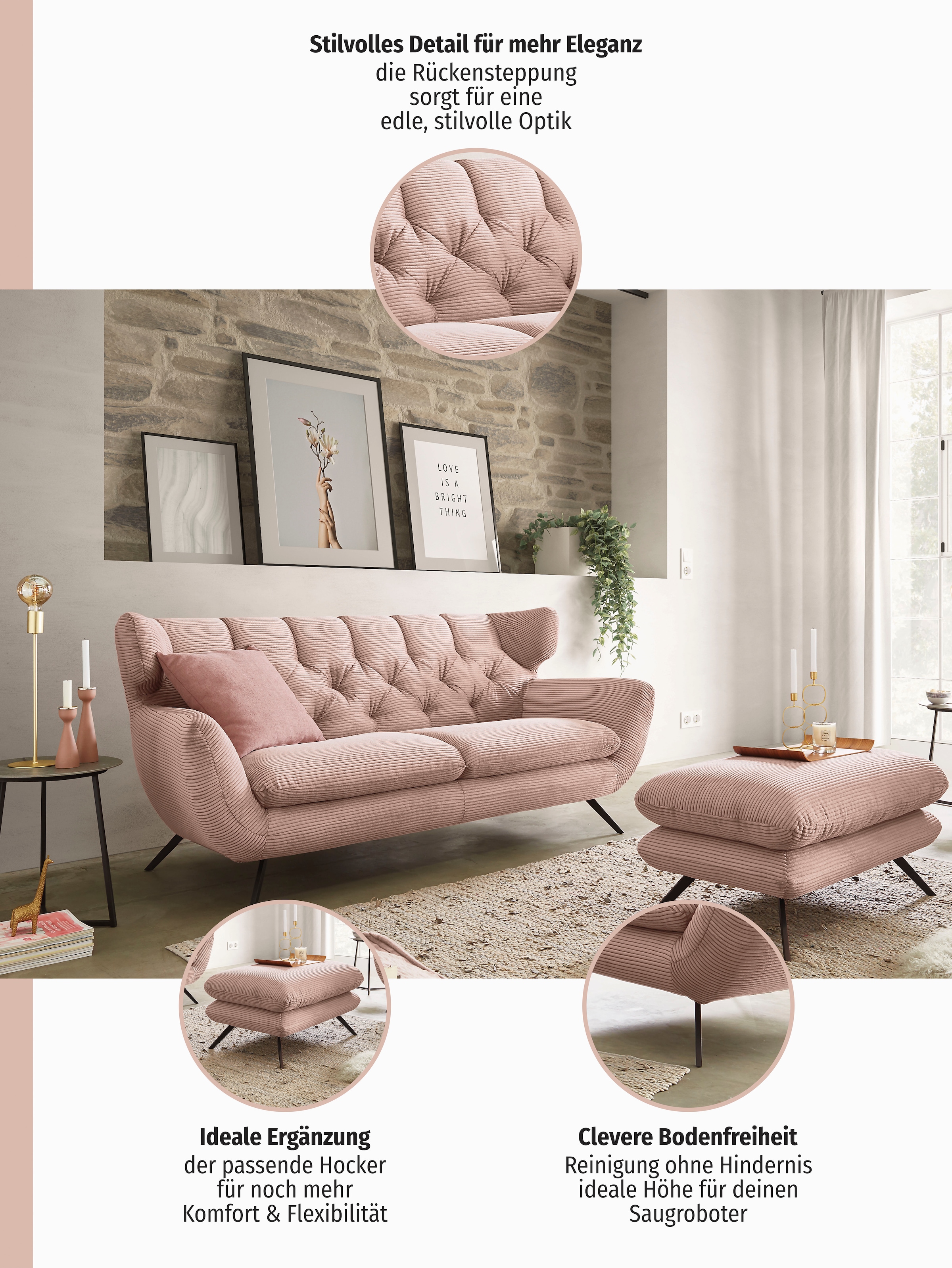 3C Candy 2,5-Sitzer »Beatrice, extravagantes Megasofa, bequem, Küchensofa« mit Rückensteppung im Rautenmuster,  in Samt Optik oder in Breitcord