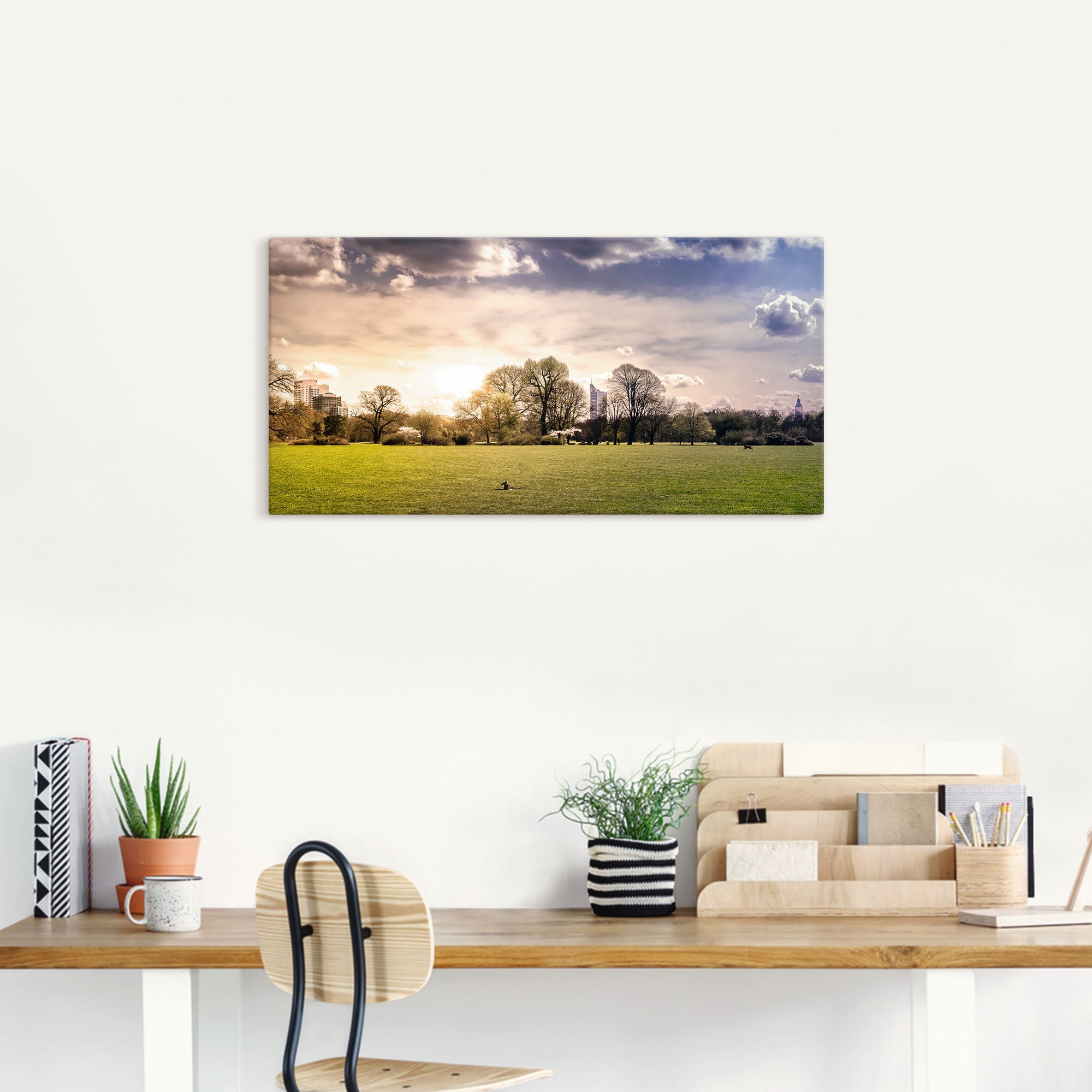 Artland Wandbild »Rosentalwiese Leipzig mit Hund & Skyline«, Wiesen & Baumbilder, (1 St.), als Alubild, Leinwandbild, Wandaufkleber oder Poster in versch. Größen
