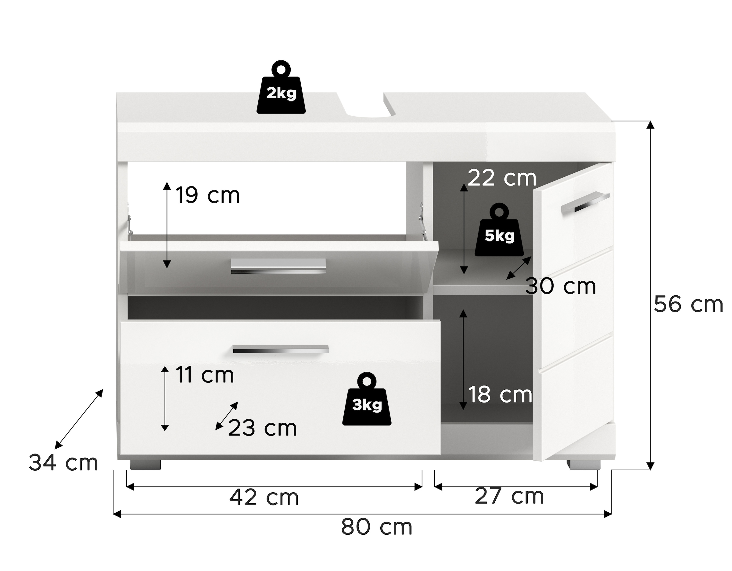 welltime Waschbeckenunterschrank »SIENA, Breite 80cm, 1 Tür, 1 Schubkasten, 1 Klappe, 2 Fächer,MDF-Front« WBU, Badmöbel, Badschrank, Kommode, Unterschrank, Bad, Badezimmer