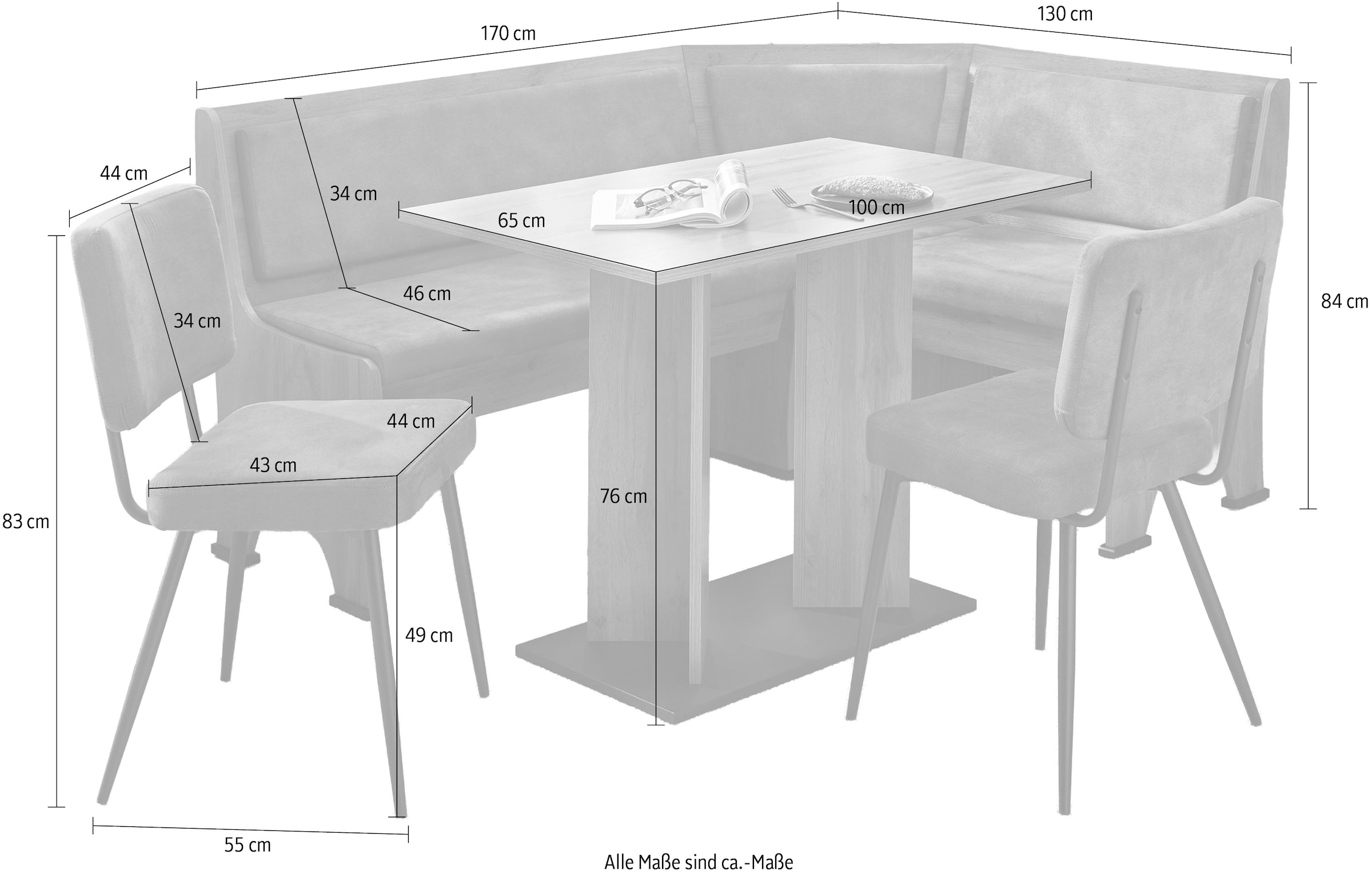 OTTO home Eckbankgruppe »Theo (Set, 4-tlg. Tisch, Bank und 2 Stühle) 2 Farben wählbar« Bank links/rechts montierbar, mit Stauraum, Stühle im 2er Set