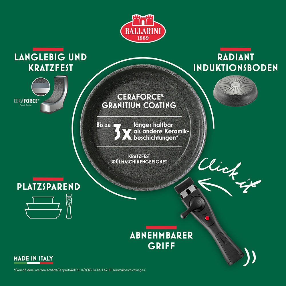 BALLARINI Pfannen-Set »Bratpfanne Torre«, Aluminium, (Set, 4 tlg., 1 Griff, 1 Bratpfanne 28 cm, 1 Bratpfanne 24 cm, 1 Stieltopf 16 cm), Abnehmbarer Griff, Keramikbeschichtung, Made in Italy, stapelbar