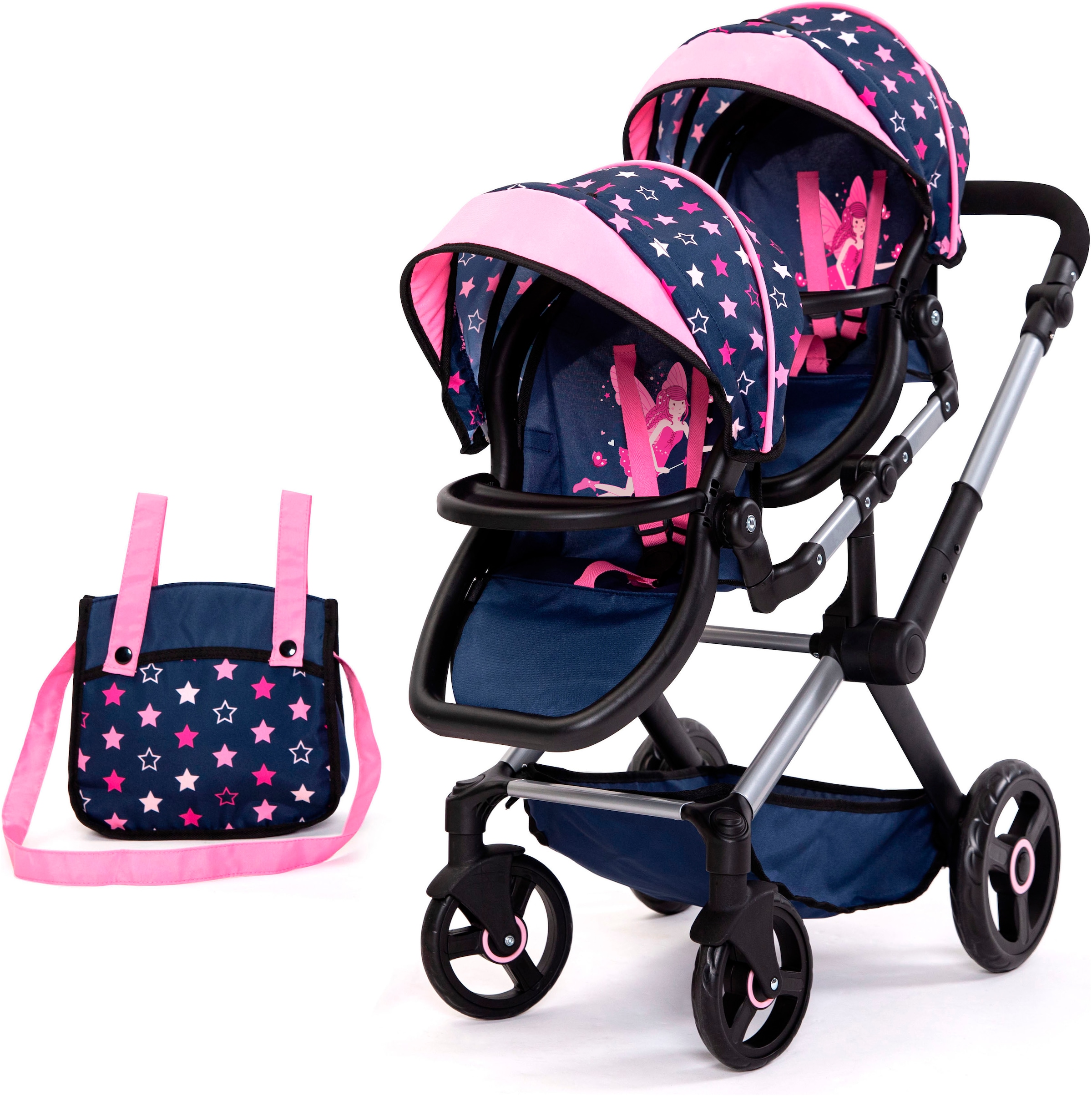 Puppen-Zwillingsbuggy »Xeo Twin blau/pink«, mit Wickeltasche