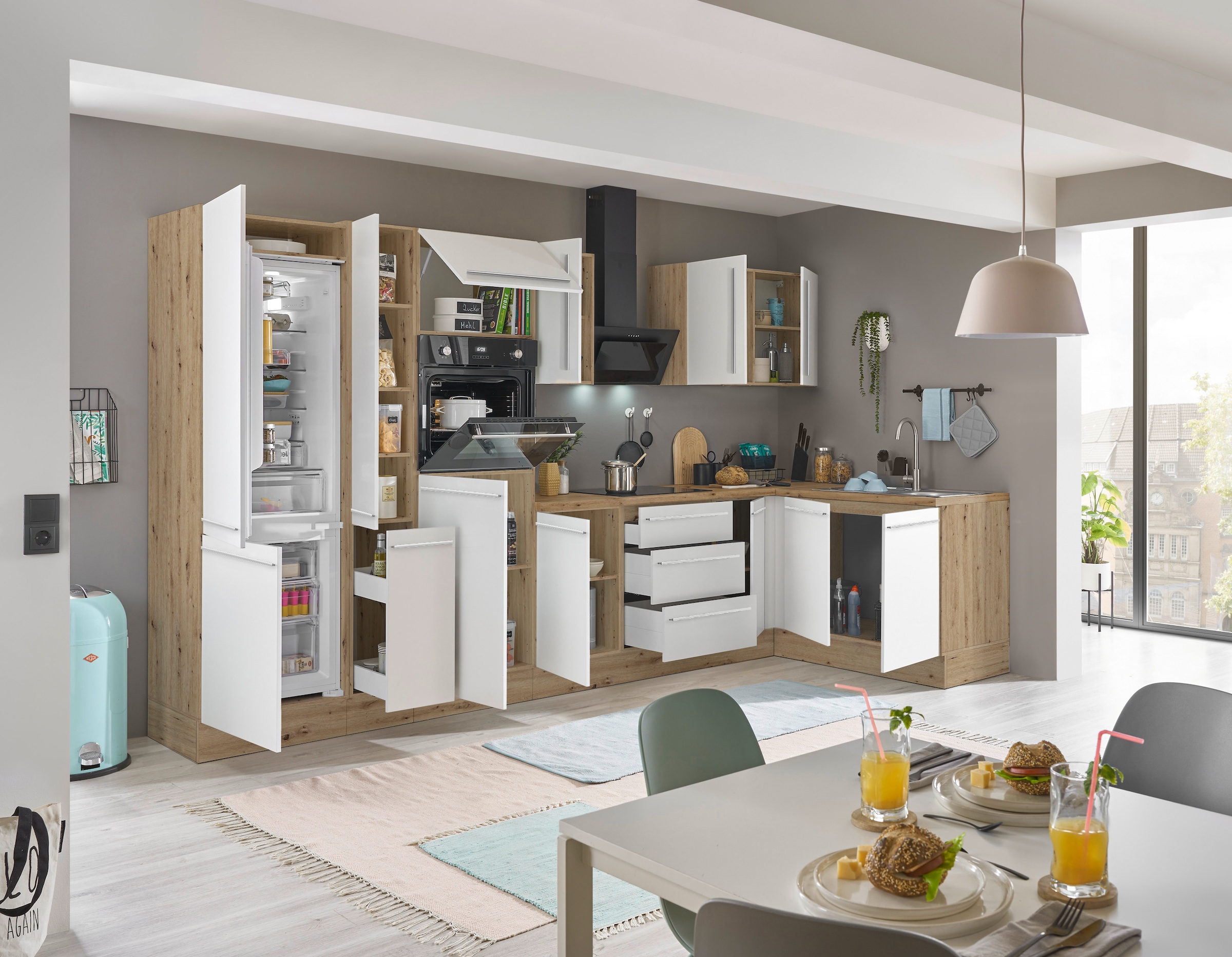 KOCHSTATION Winkelküche »Florida, Stellbreite 360x165 cm« wahlweise mit E-Geräten, mit Softclose für Türen und Schubkästen