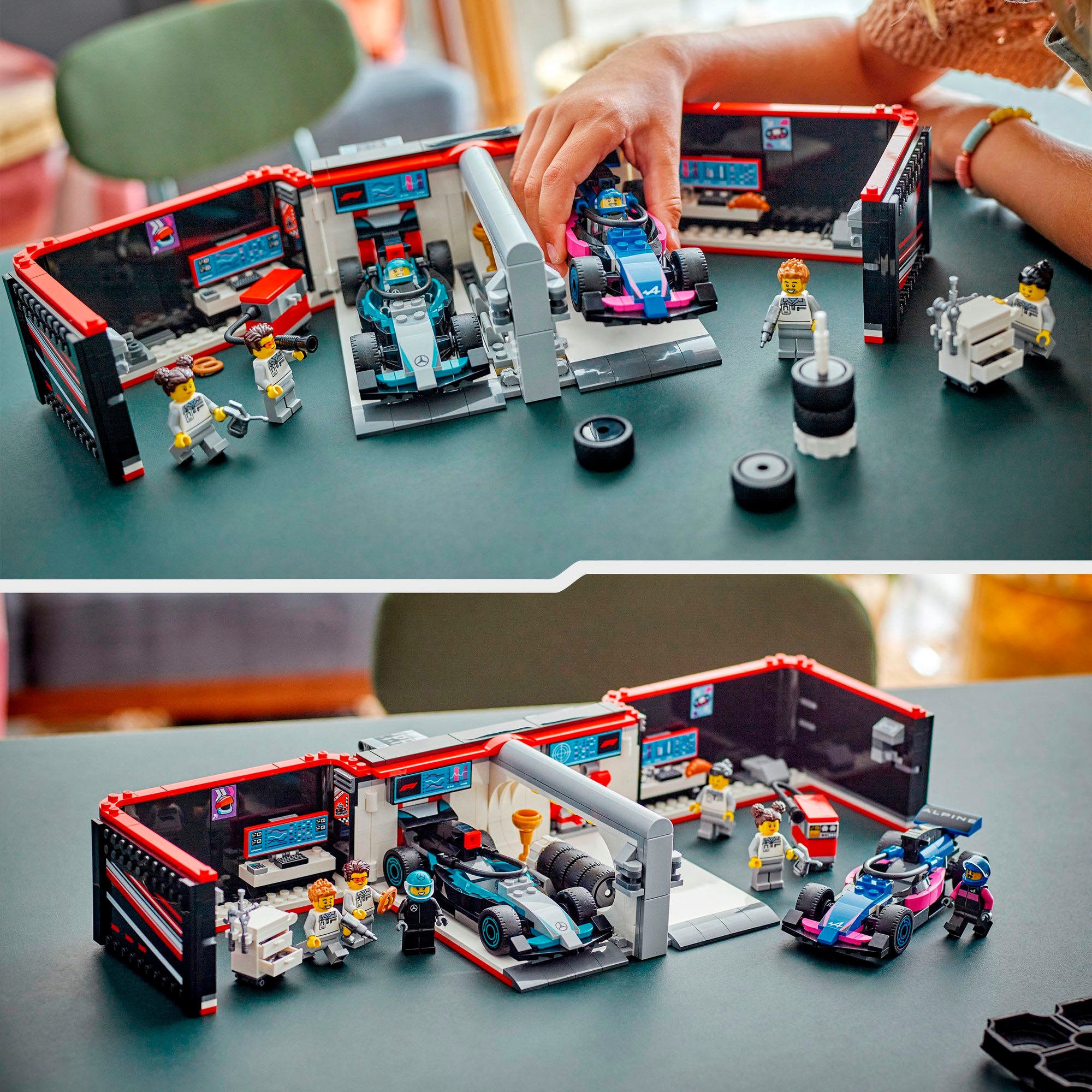 LEGO® Konstruktionsspielsteine »F1® Garage mit Mercedes-AMG & Alpine Rennautos (60444), LEGO City«, (678 St.), Made in Europe