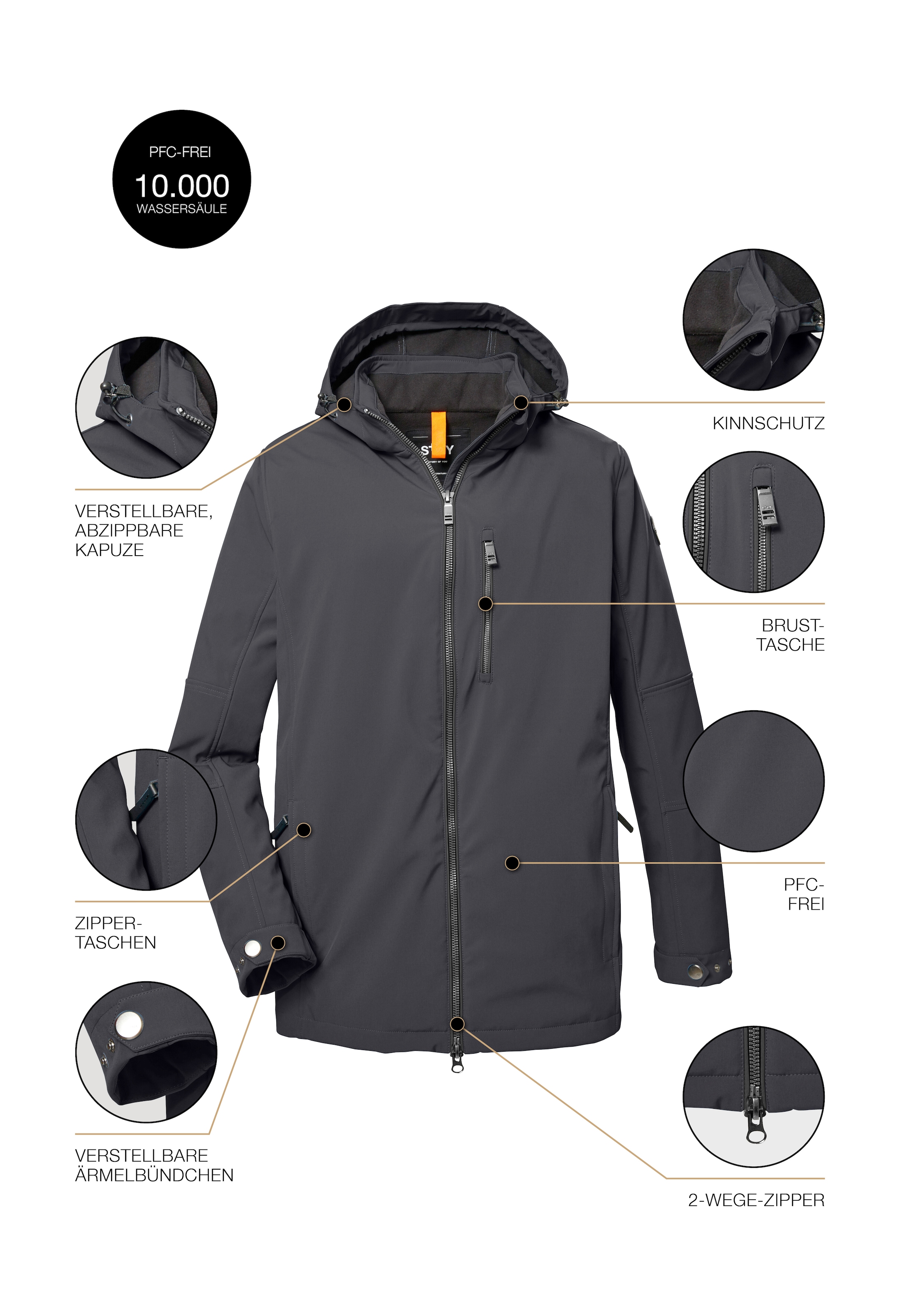 STOY Softshelljacke »STW 17 MN SFTSHLL JCKT«, Wasserabweisende, atmungsaktive Softshelljacke mit abnehmbarer Kapuze