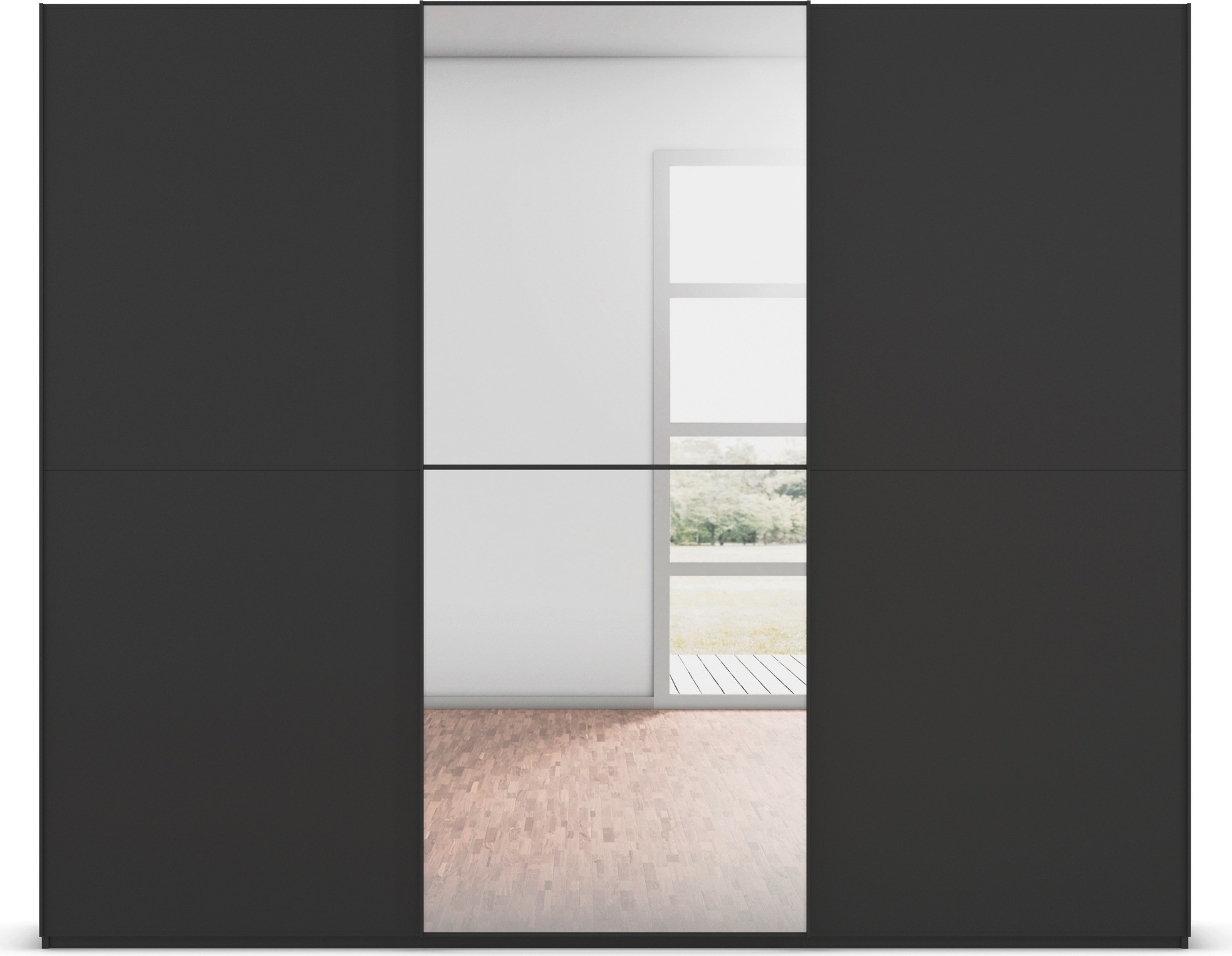 rauch Schwebetürenschrank »Kleiderschrank Schrank Garderobe Schlafzimmerschrank SCALE-DUO«, edle zweigeteilte Türen, Spiegel und 3 Zierleisten MADE IN GERMANY