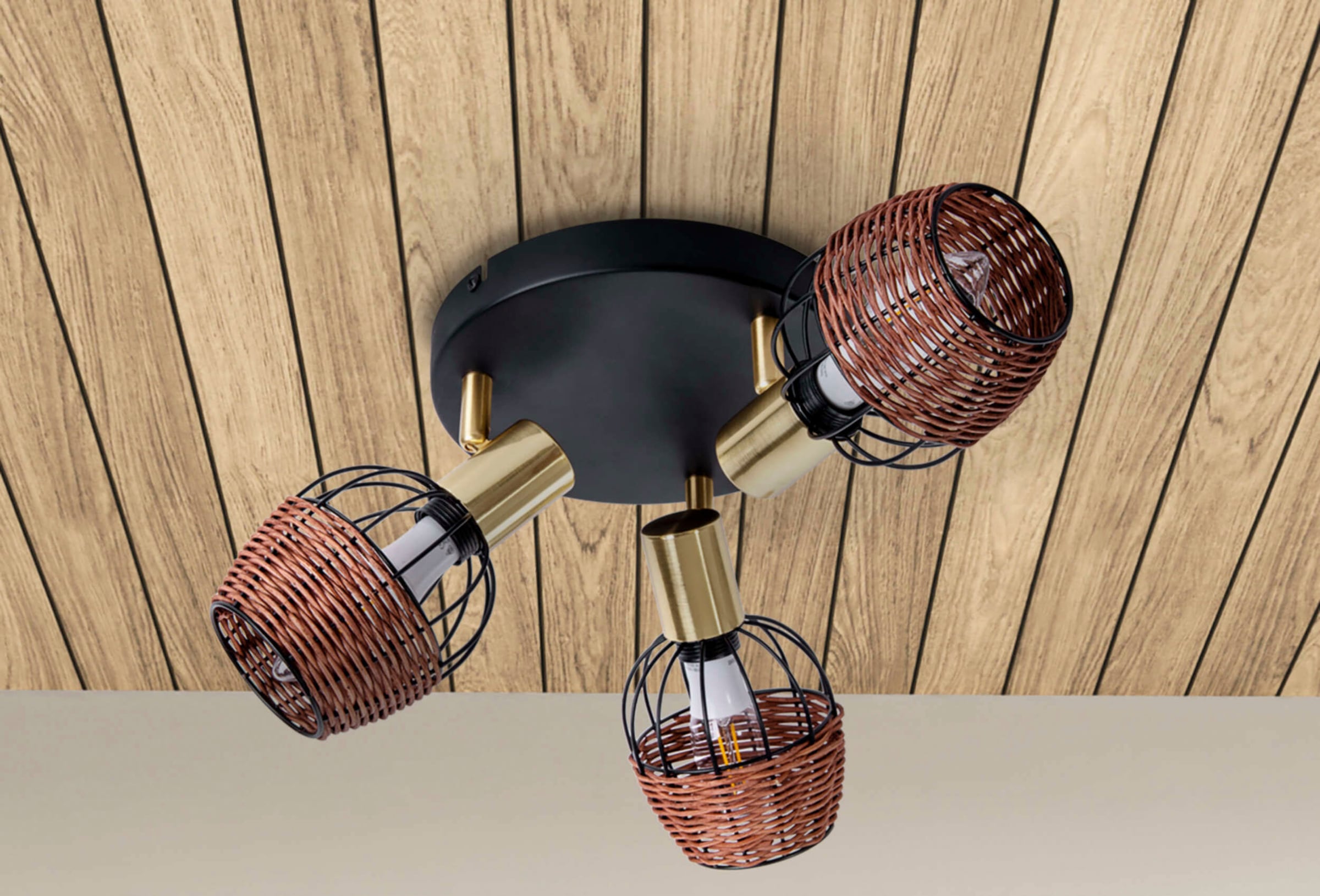 näve Deckenspots »Corbis«, 3 flammig, Leuchtmittel E14 | ohne Leuchtmittel, 3 Spots excl. E14 max. 40W schwarz/natur/gold D: 38cm mit Rattan