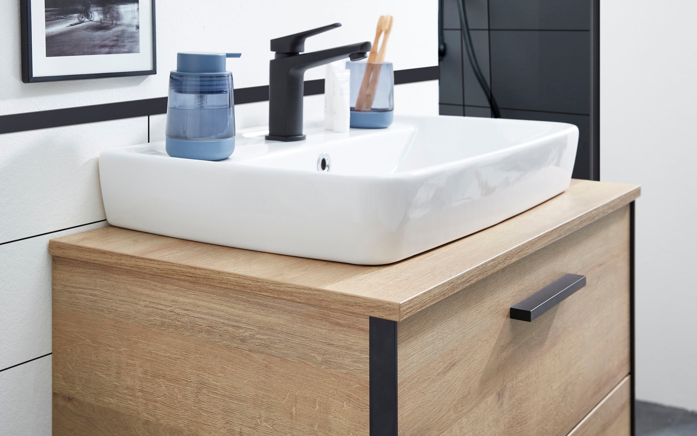 Saphir Badmöbel-Set »Quickset 395 2-teilig, Keramik-Aufsatzbecken mit LED-Spiegel«, (4 St.), Waschplatz 73 cm breit, 2 Schubladen, Waschtischplatte, Bad-Set