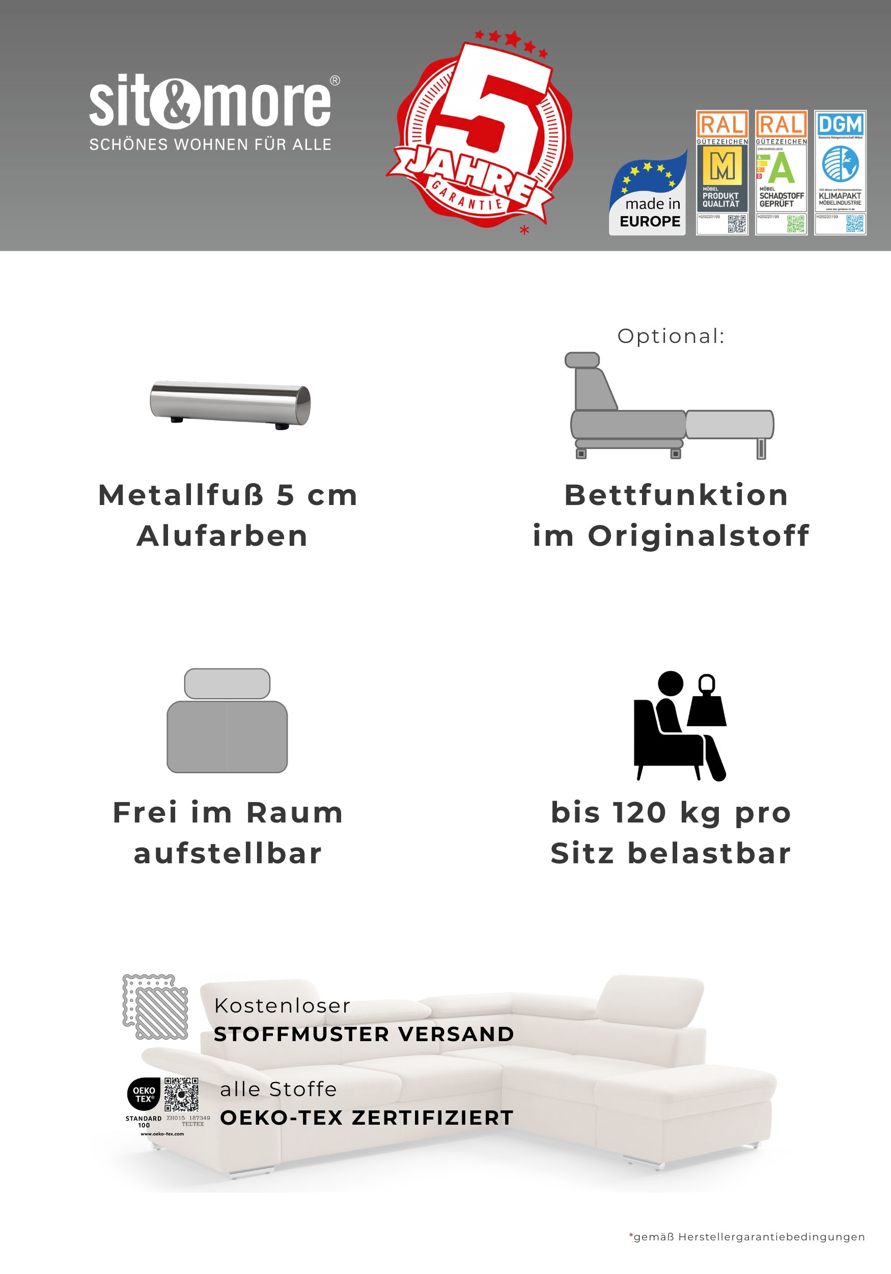 sit&more Ecksofa »Valantine L-Form, B: 286 cm« mit Arm- & Kopfteilverstellung, optional mit Schlaffunktion