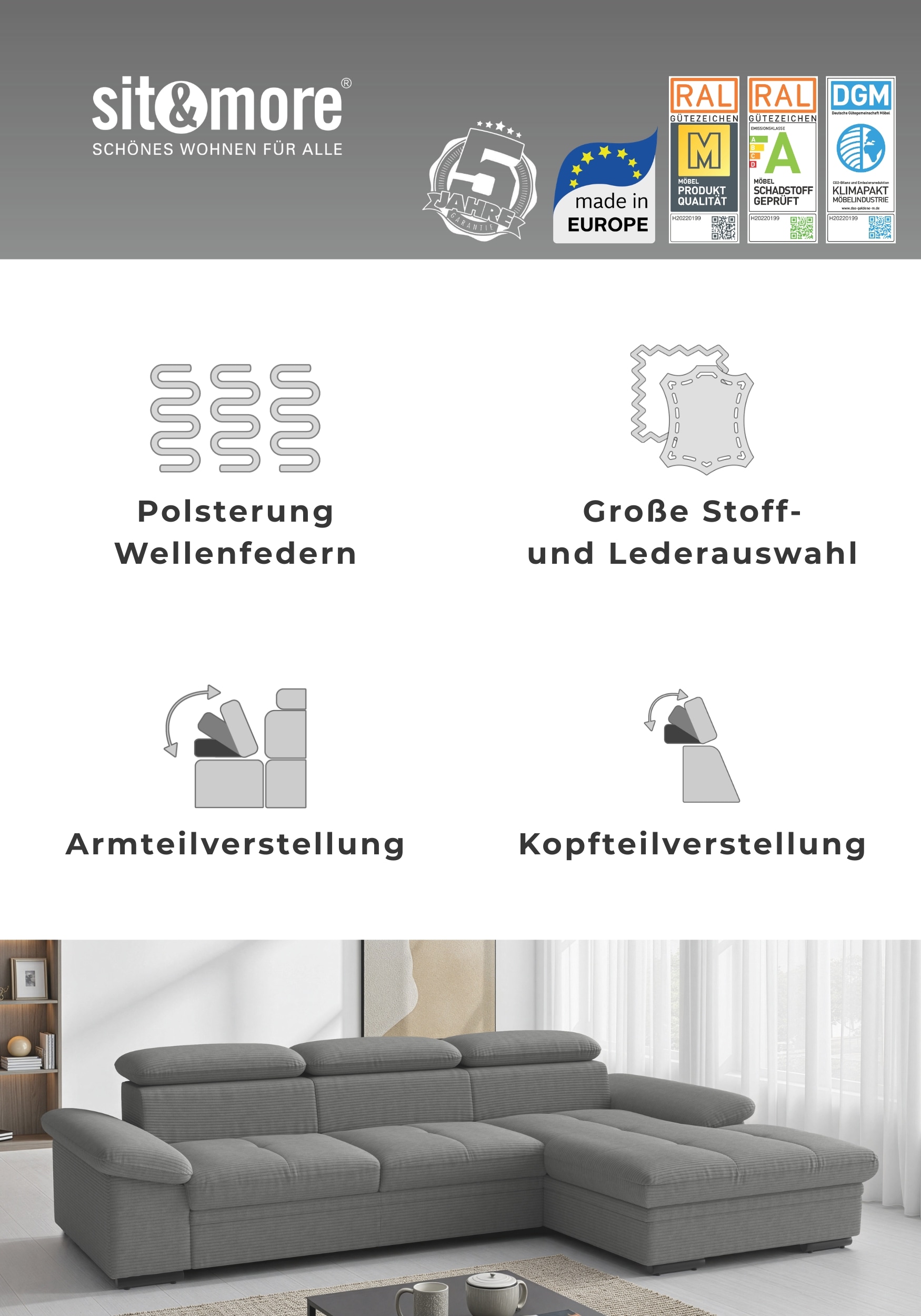 sit&more Ecksofa »Viola, L-Form, B: 260 cm« optional Bettfunktion,inkl Armteil- & Kopfteilverstellung