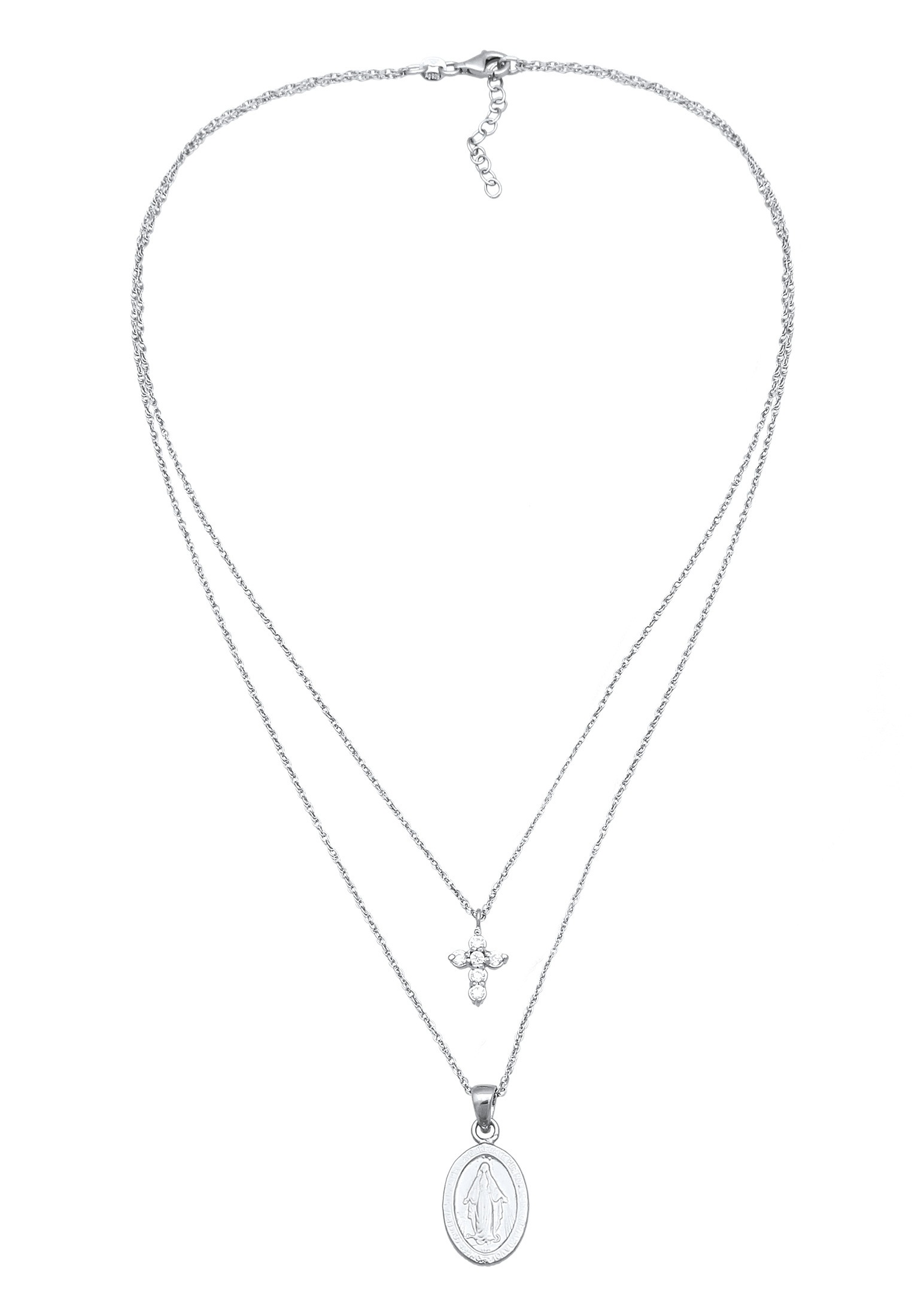 Elli Silberkette »Halskette Layer Marienbild Kreuz Zirkonia Weiß 925 Sterling Silber«