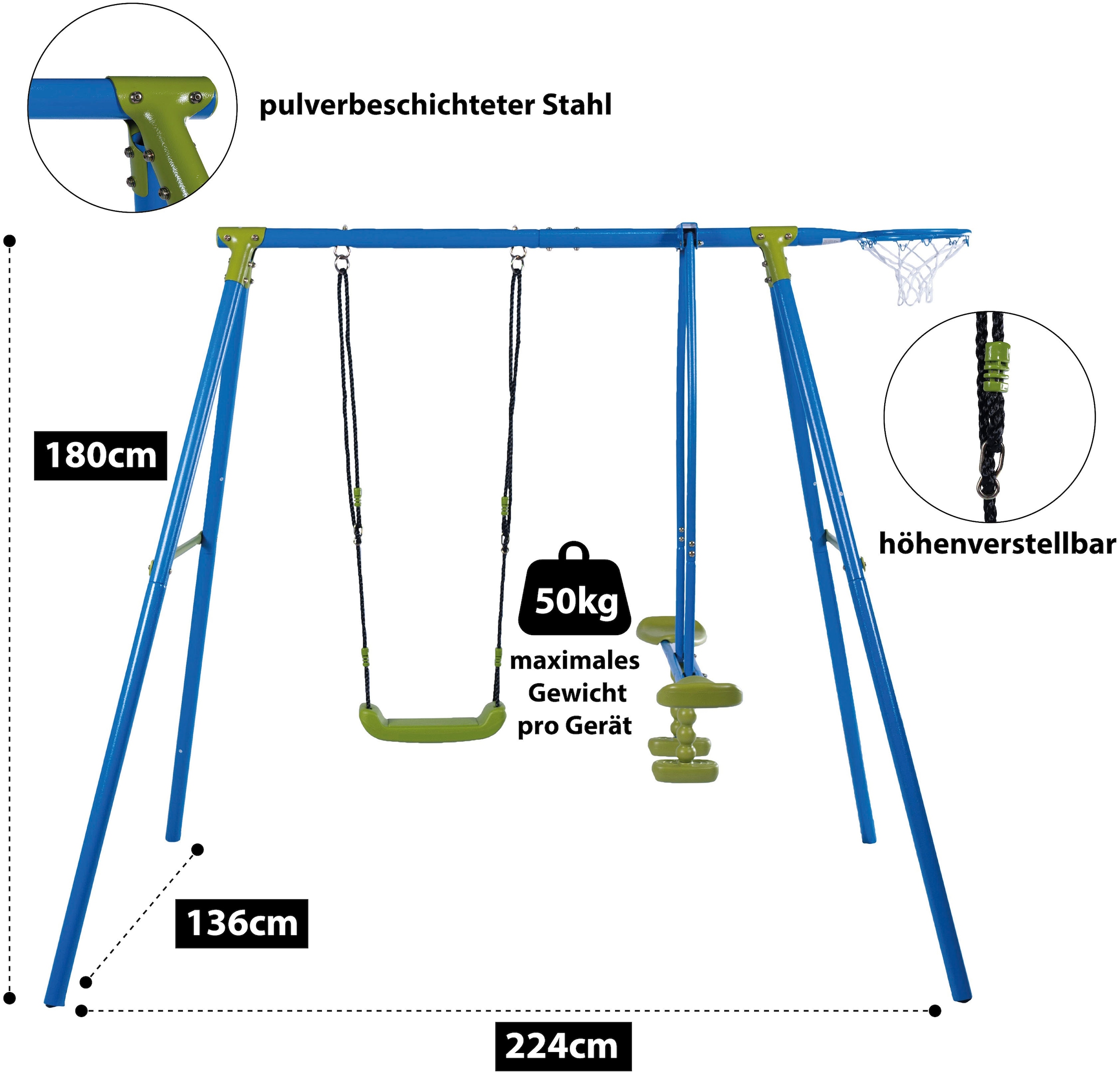 SANDORA Schaukelkombination, Schaukel + Wippe + Ballring, Aufbaumaße H x L x B 180 x 136 x 224 cm