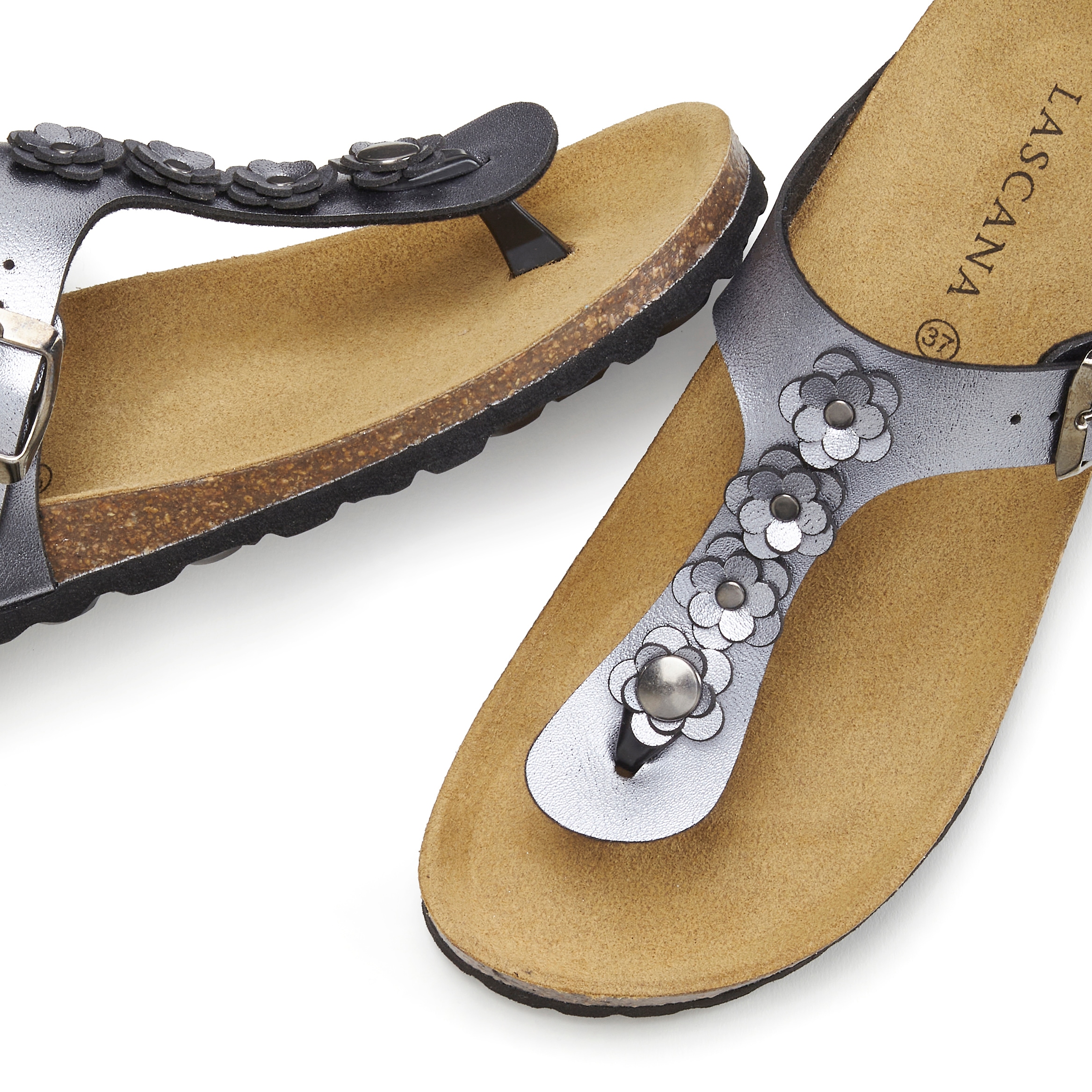LASCANA Zehentrenner »Sandale, Pantolette, offener Schuh, Sommerschuh,«, mit modischer Applikation und Komfortkorkfußbett aus Leder