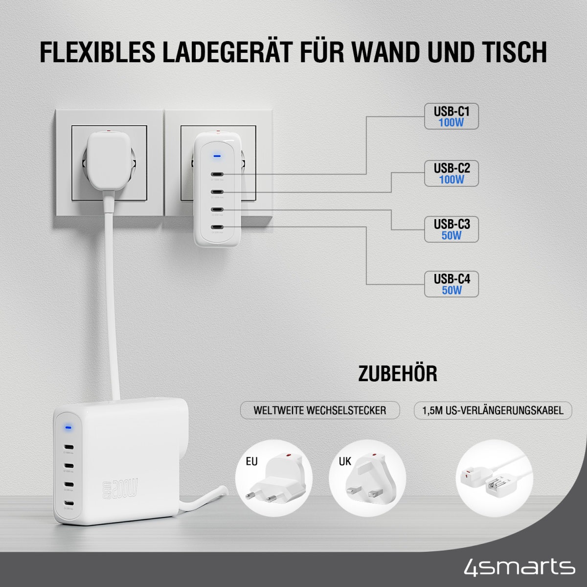 4smarts USB-Ladegerät »Ladegerät GaN Flex Pro 200W 4 USB-C, Travel Edition«