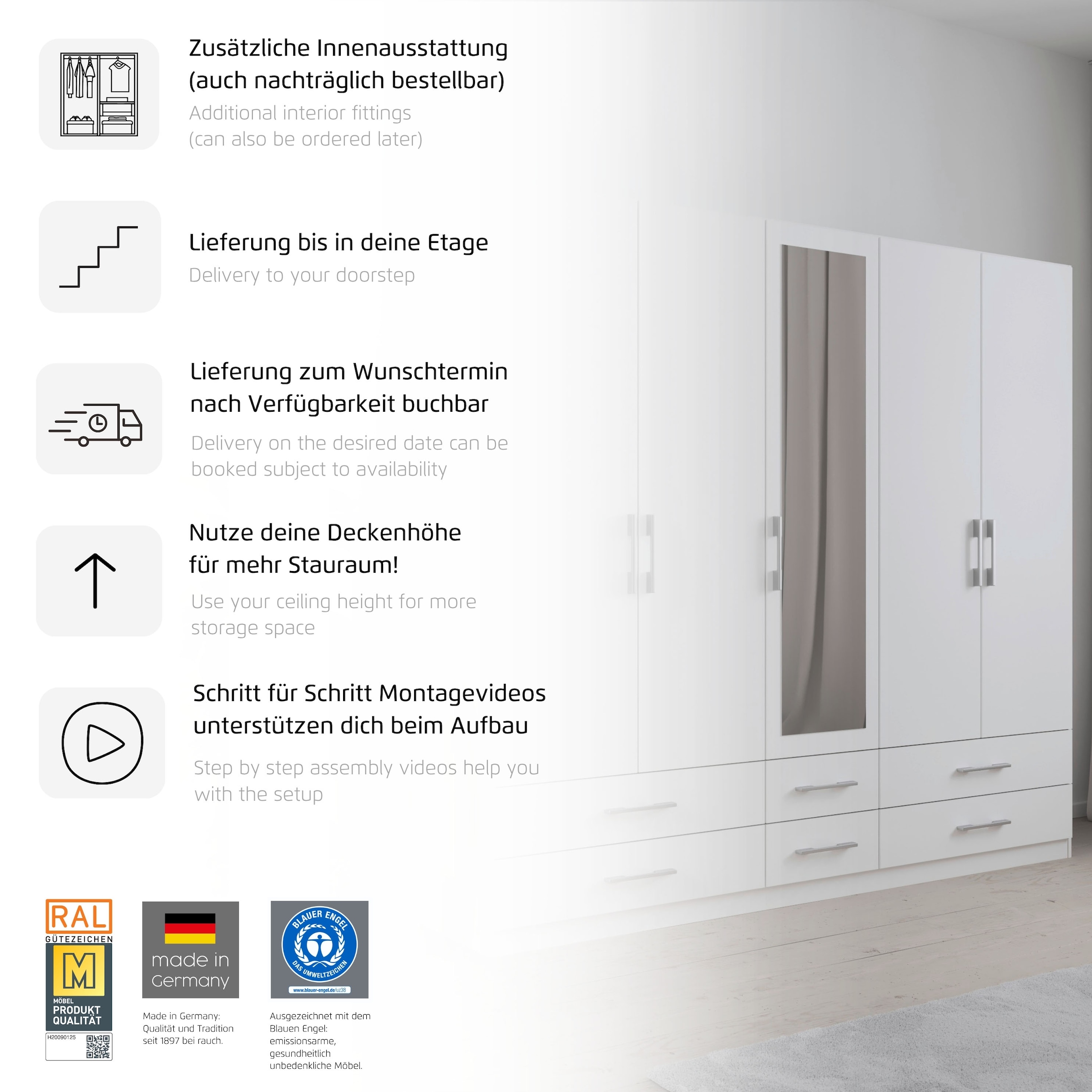 rauch Kleiderschrank »Schrank Garderobenschrank Mehrzweckschrank Schlafzimmer HERSBRUCK« 3 verschiedene Ausstattungen BASIC/CLASSIC/PREMIUM (inkl. SOFT-CLOSE),  mit großzügigen Schubladen sowie Spiegeltüren MADE IN GERMANY