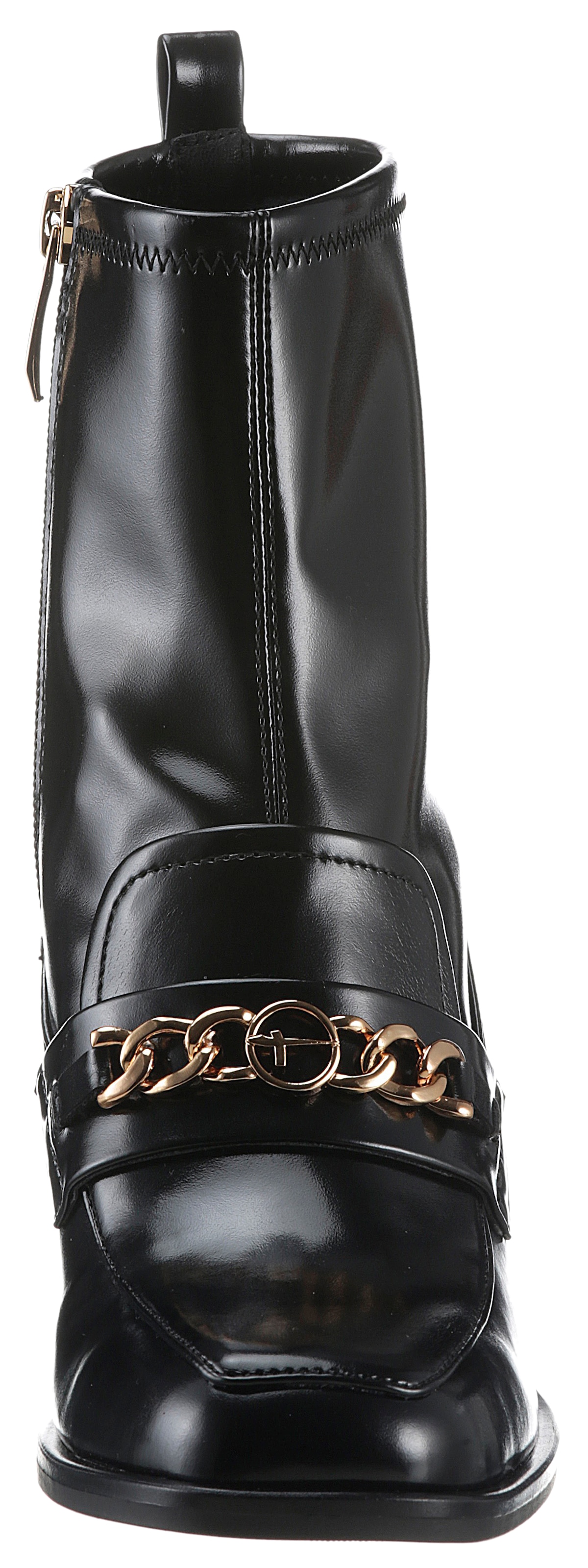Tamaris Stiefelette, Blockabsatz, Partyschuh mit eleganter Zierkette und Logoemblem