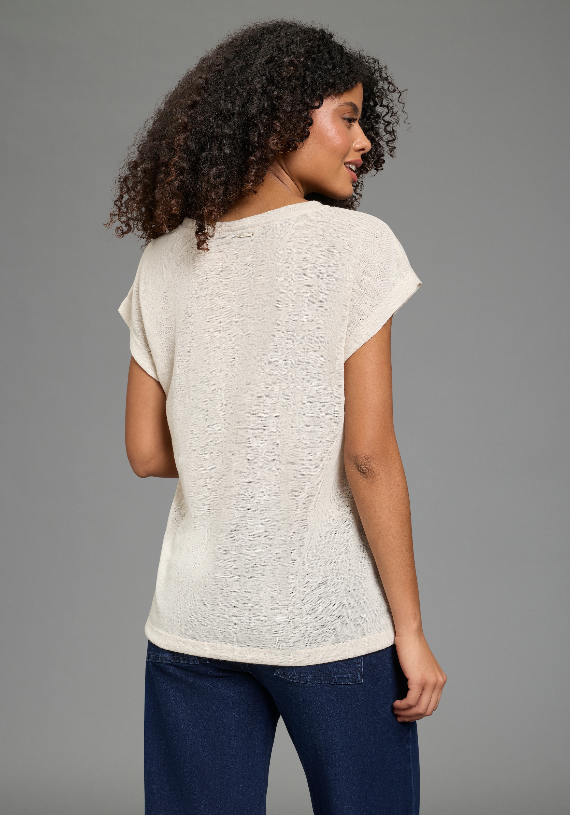 Laura Scott T-Shirt in strukturierter Leinen-Optik mit V-Ausschnitt