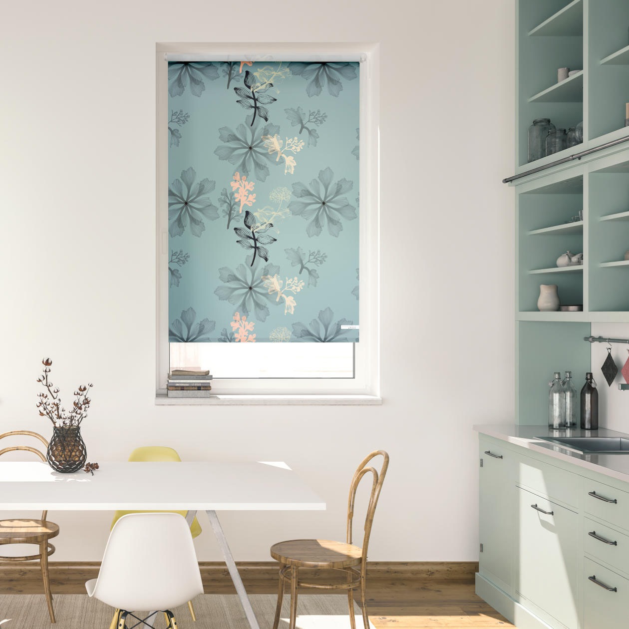 LICHTBLICK ORIGINAL Seitenzugrollo »Rollo Klemmfix, ohne Bohren, Verdunkelung, Aqua Floral - Blau«, verdunkelnd, Verdunkelung, freihängend