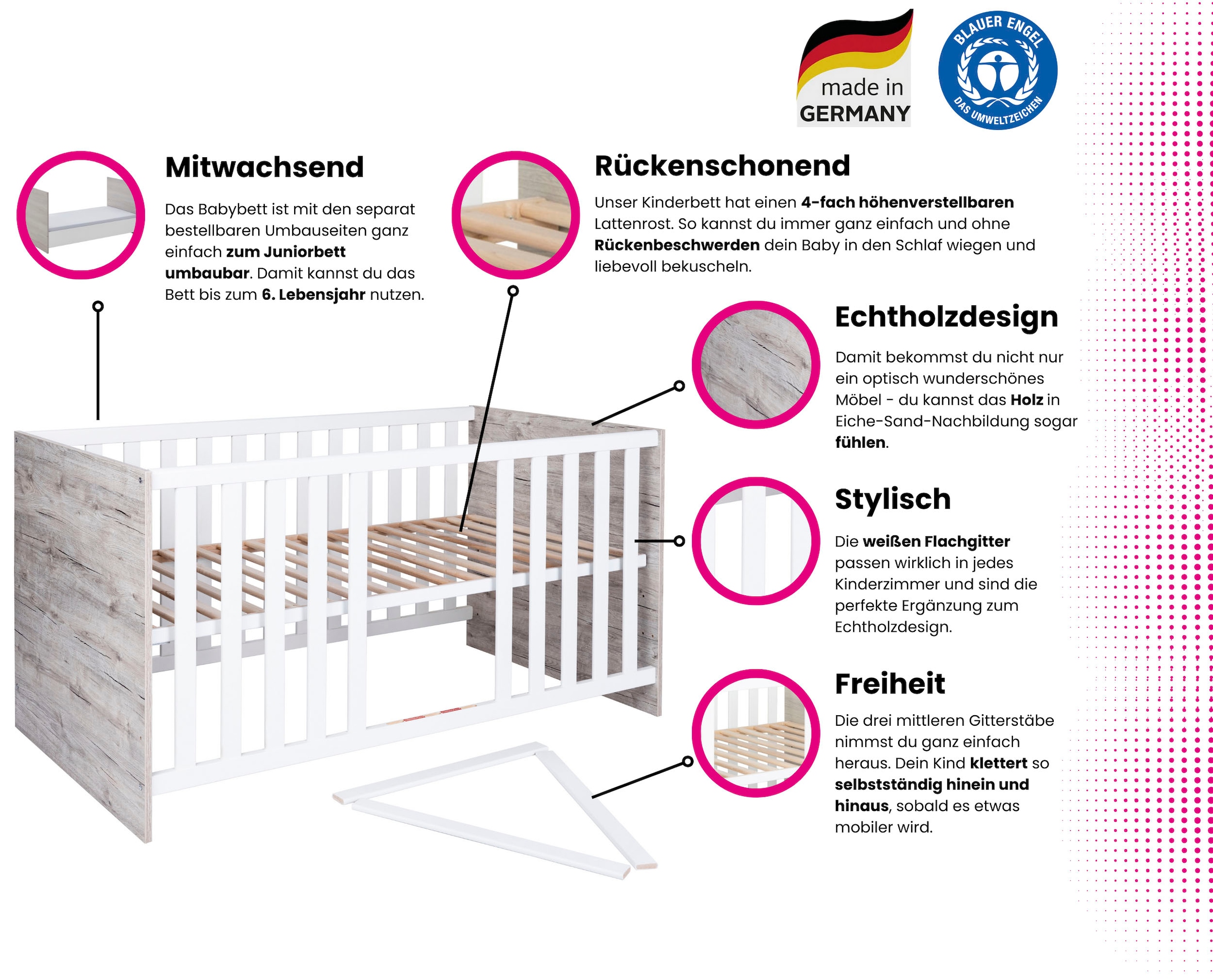 Home affaire Babyzimmer-Komplettset »Rieke , mitwachsende Möbel bis ins Jugendalter, toll für kleine Zimmer« Kinderbett, Unterbauregal für Wickelkommode, Schrank, Wickelkommode, 