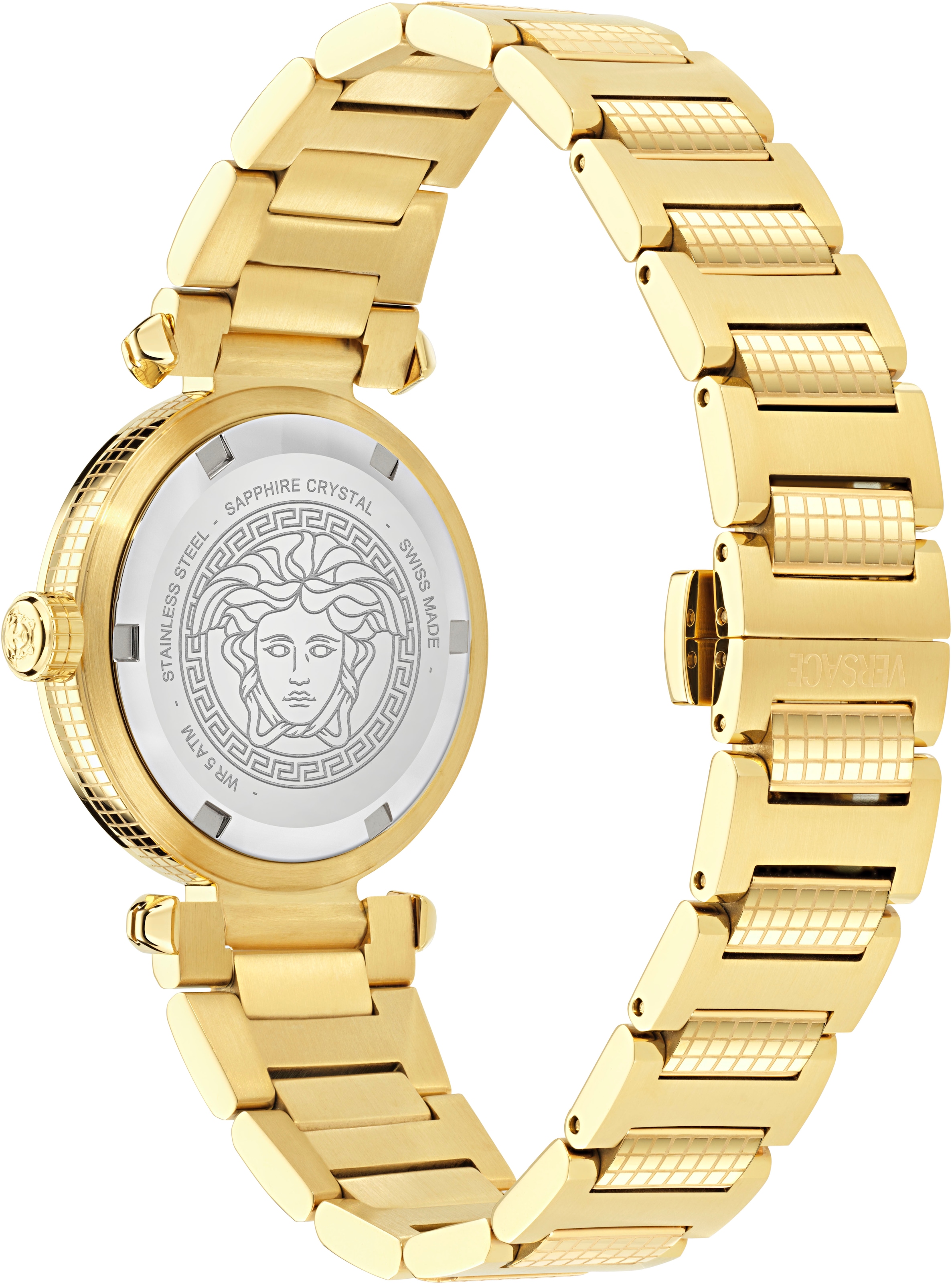 Versace Quarzuhr »VERSACE GREEK« Armbanduhr, Damenuhr, Swiss Made, Edelstahlarmband, analog