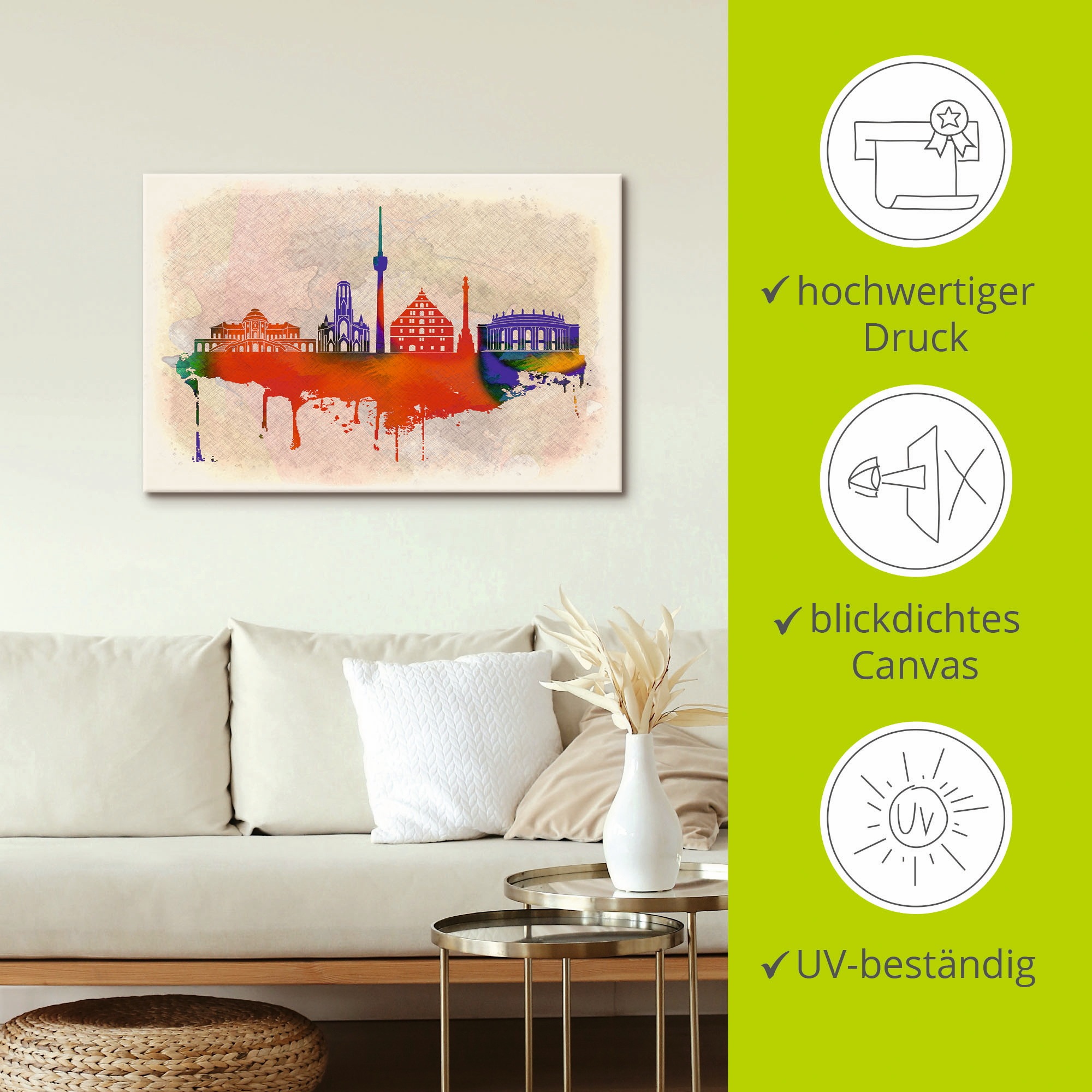 Artland Leinwandbild »Stuttgart Deutschland Skyline«, Deutschland, (1 St.), auf Keilrahmen gespannt