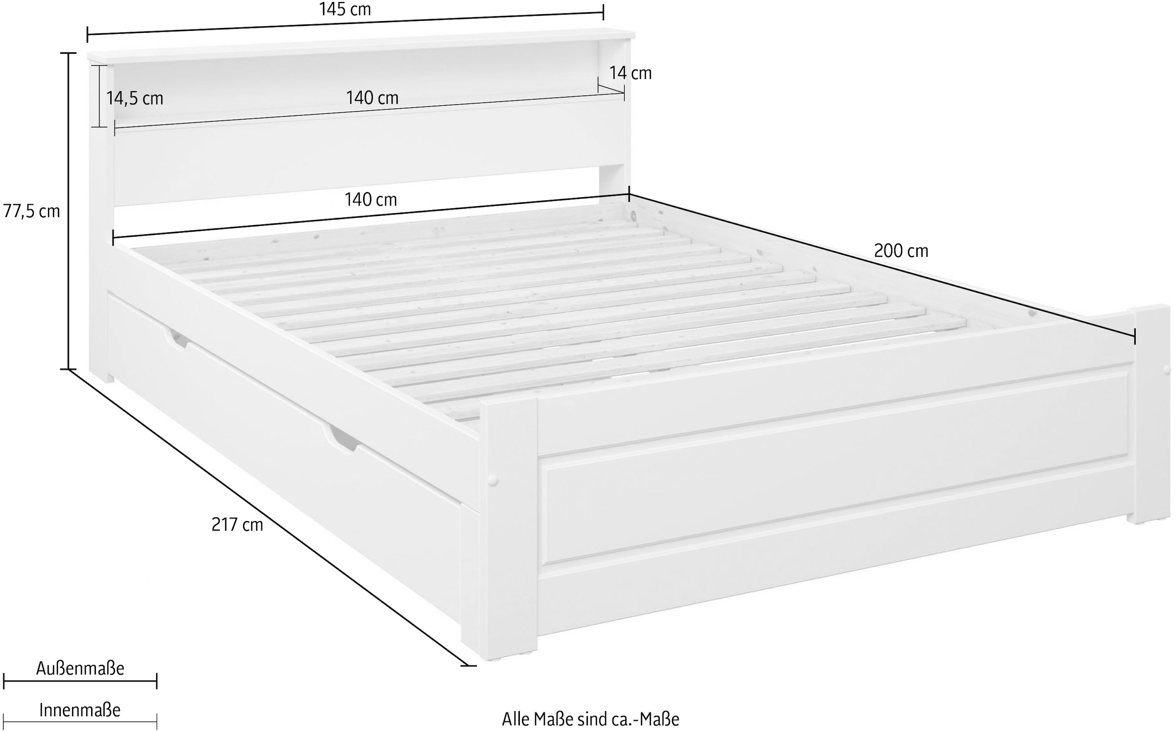 Home affaire Massivholzbett »FLAVION, TOPSELLER! Jugendbett, FSC® zertifizierte massive Kiefer«, (Schublade optional), Qualitätsprodukt, Regal im Kopfteil, Kassettenoptik, Stauraum