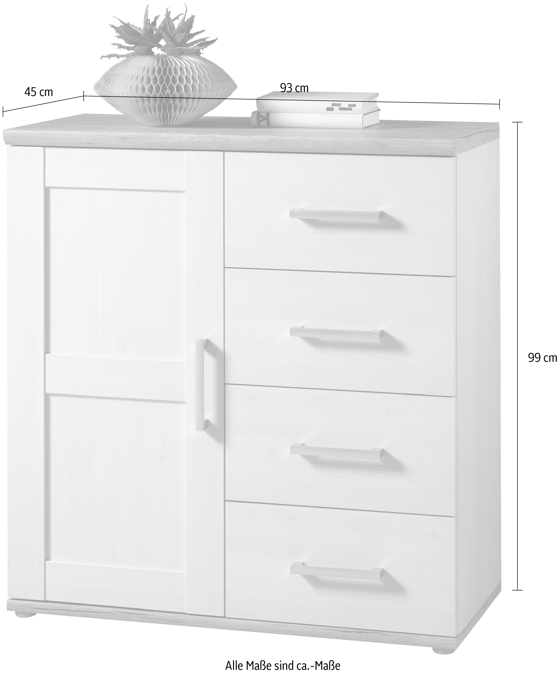 HBZ Kommode »Romance im Landhaustil, BxHxT 93x99x45 cm«, Schrank mit 1 Tür, 4 Schubkästen und 2 Einlegeböden