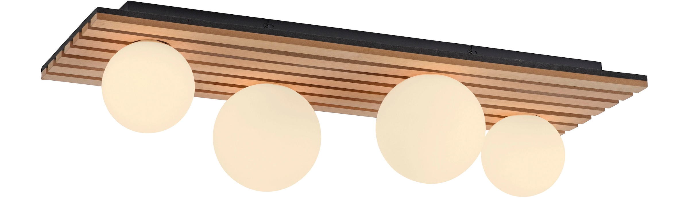 Leonique Deckenleuchte »Erinette Akustikpaneele mit Glaskugeln«, 4 flammig, Leuchtmittel G9 | Leuchtmittel wechselbar-ohne Leuchtmittel, Holz, Akustik, Paneele, Glas, opal matt weiß, Deckenlampe