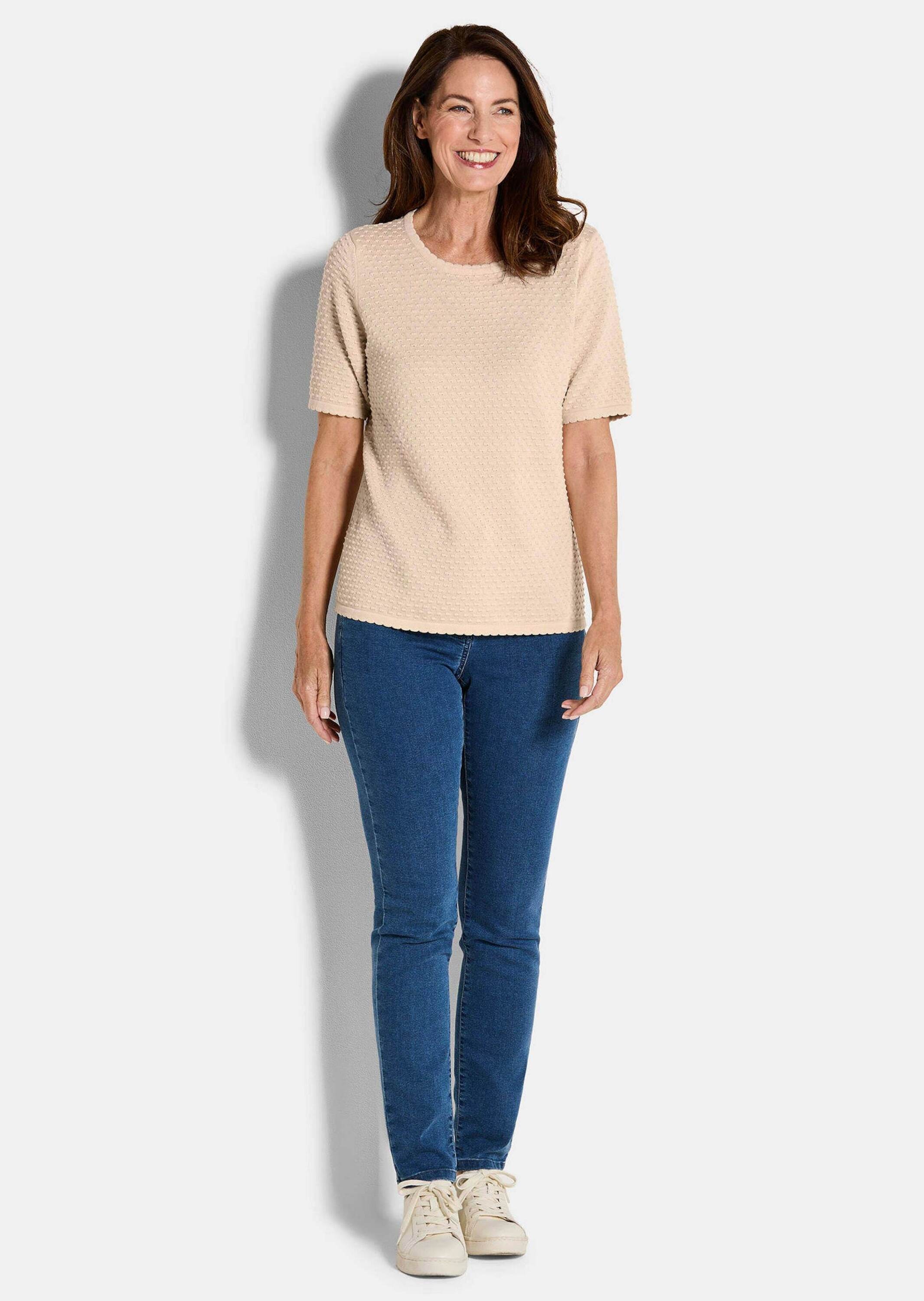 GOLDNER Rundhalspullover »Kurzgröße Halbarm Strickshirt mit Rundhals« Rundhalsausschnitt