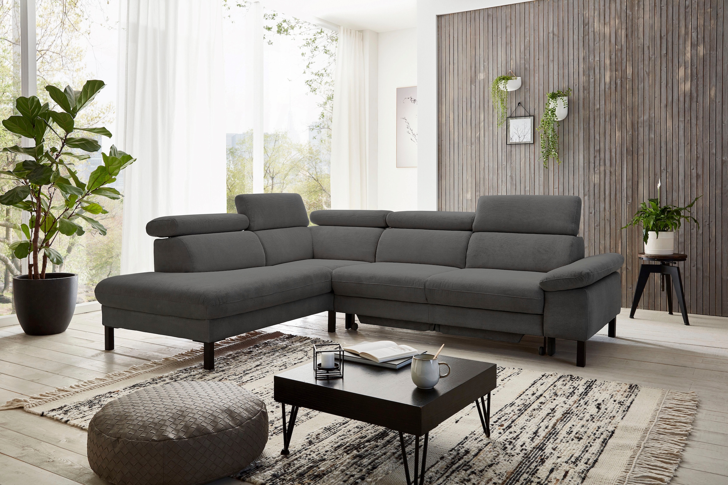 Home affaire Ecksofa »Arnayon mit Querschläfer-Bettfunktion, Schlafsofa, großer Bettkasten«, manuelle Kopfteilverstellung, Tonnentaschen-Federkern, Feincord L-Form